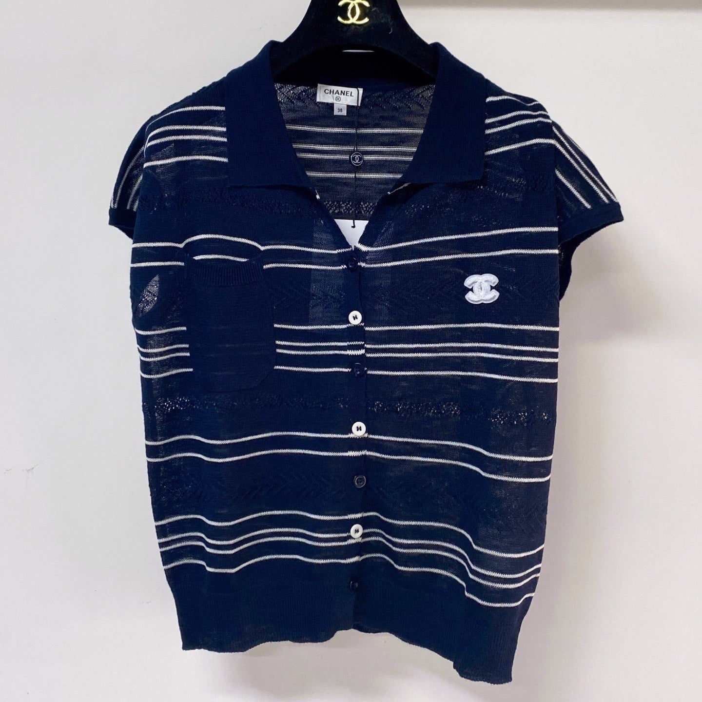Chanel 2026 Polo Knit Top Navy Flax Lelin With CC Logo 463554