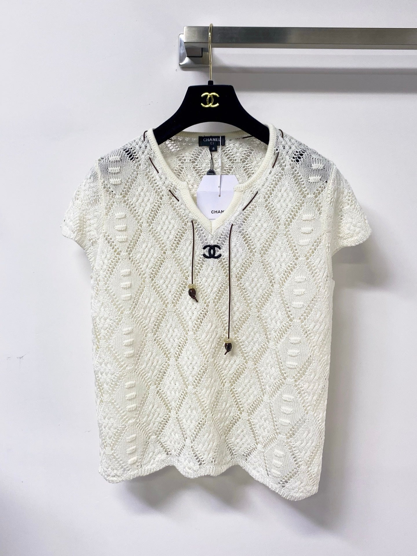 Chanel 2026 Hollow-Out Knit Top Drawstring Laine Wool 479951