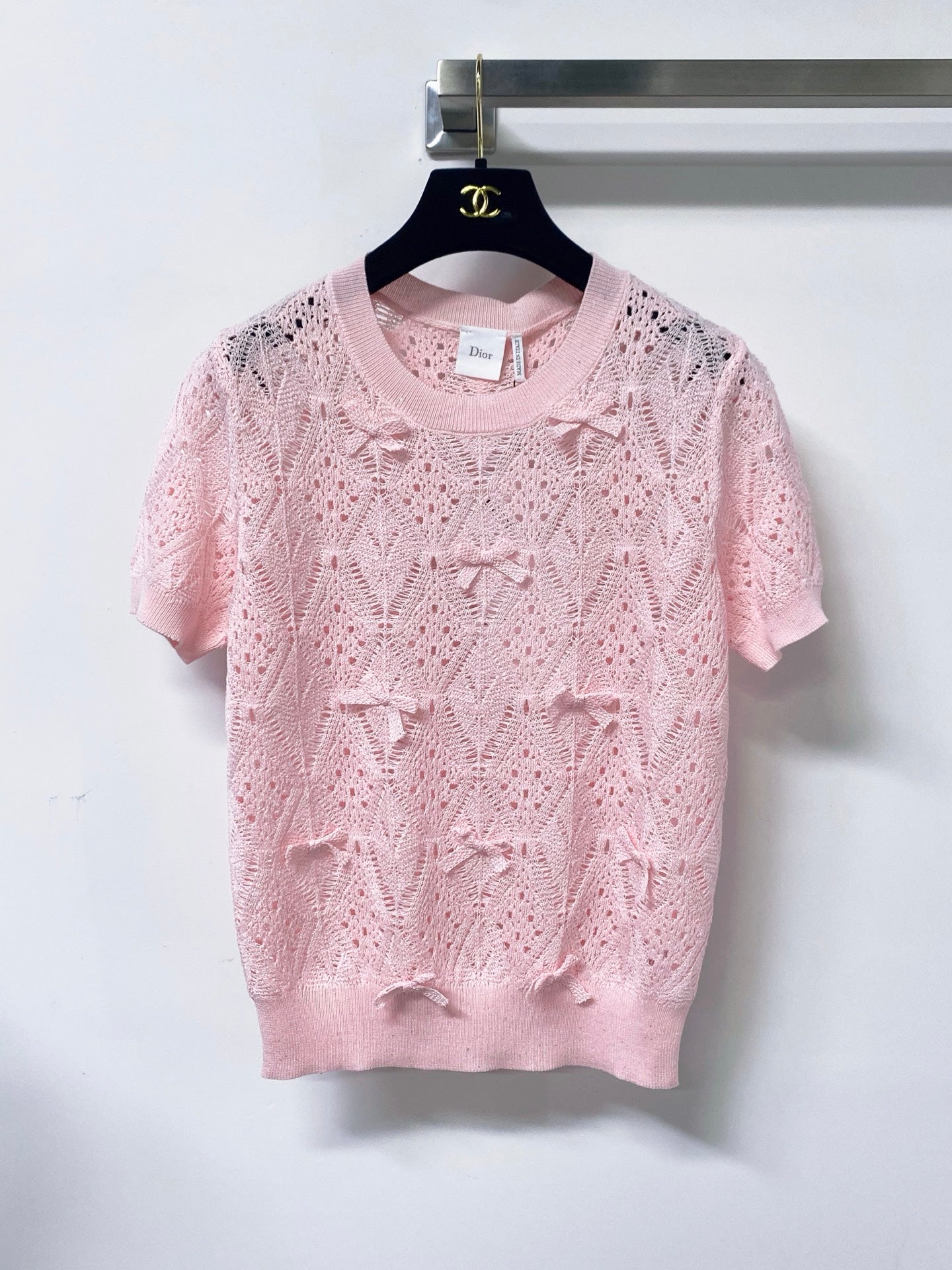 Dior 2026 Openwork Lace Knit Short-Sleeve Top Bow Details 479896