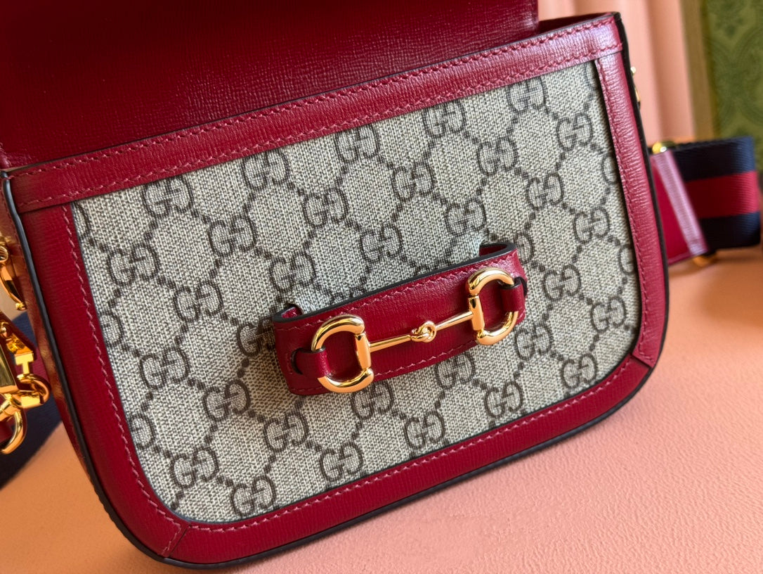 Gucci Horsebit Bag Ebony mix Rosso Ancora Red  Leather Canvas 244259