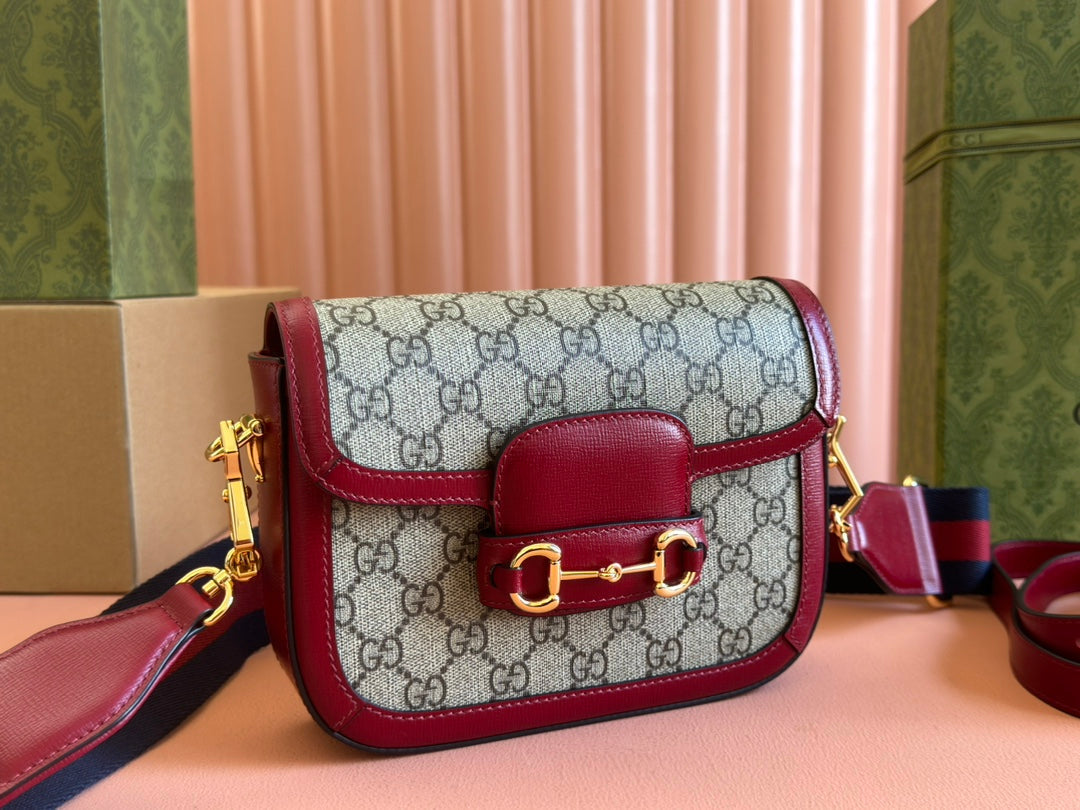 Gucci Horsebit Bag Ebony mix Rosso Ancora Red  Leather Canvas 244259