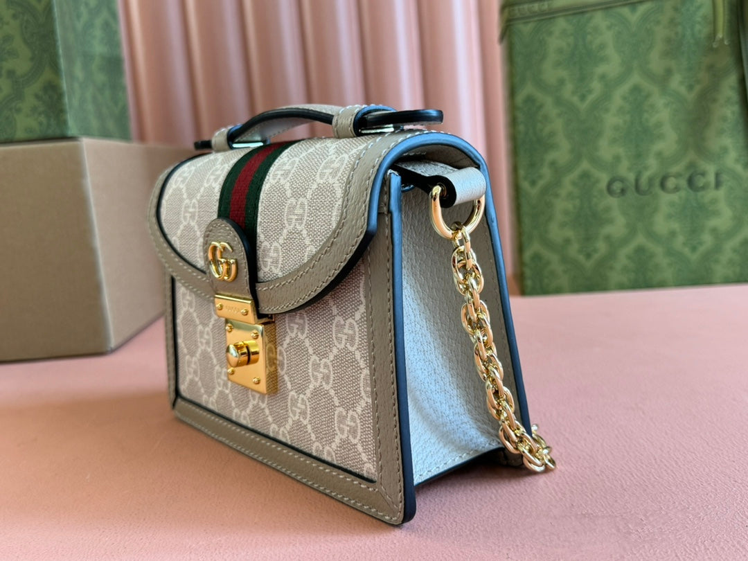 Gucci Ophidia 17.5cm Bag Beige White Canvas Leather 248488