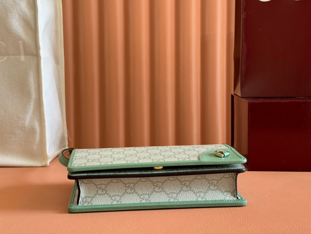 Gucci Emblem Mini Shoulder Bag Beige Green Canvas Leather 244543