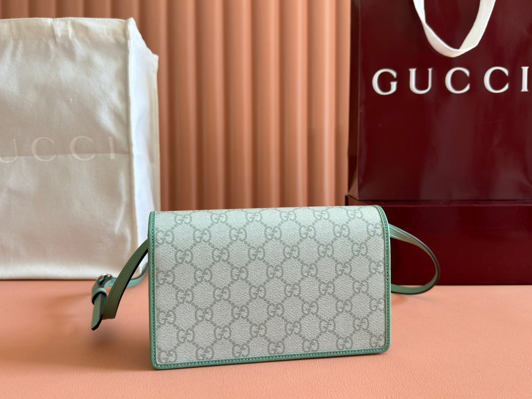 Gucci Emblem Mini Shoulder Bag Beige Green Canvas Leather 244543