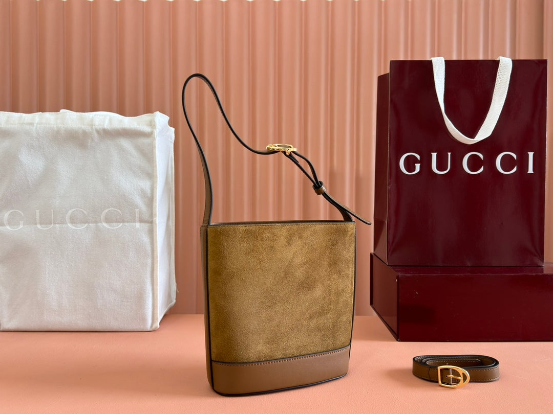 Gucci 73 Mini 20cm Bucket Bag Brown Suede Leather 244448