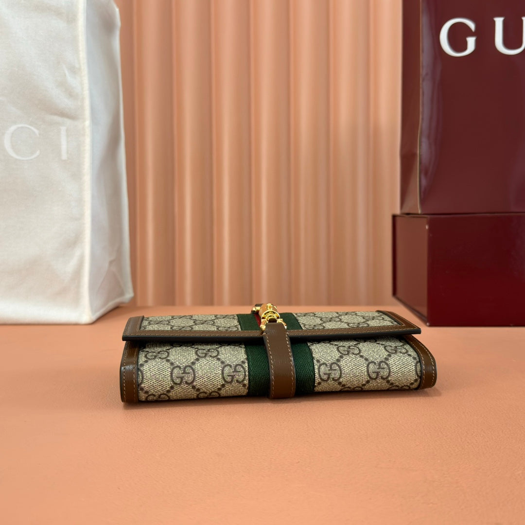 Gucci Jackie Chain Wallet Ebony Brown Canvas Leather 255174