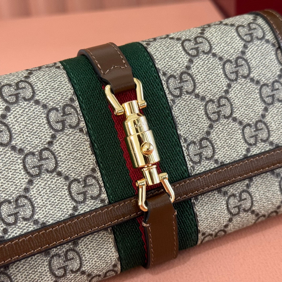 Gucci Jackie Chain Wallet Ebony Brown Canvas Leather 255174