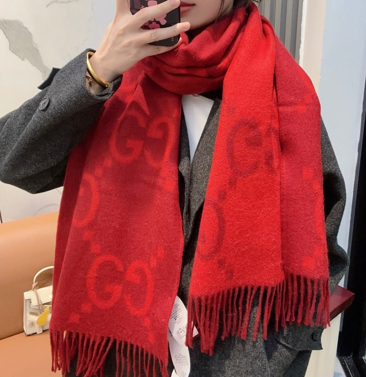 GG Double G Jacquard Scarf 200CM  Red Wool 282789