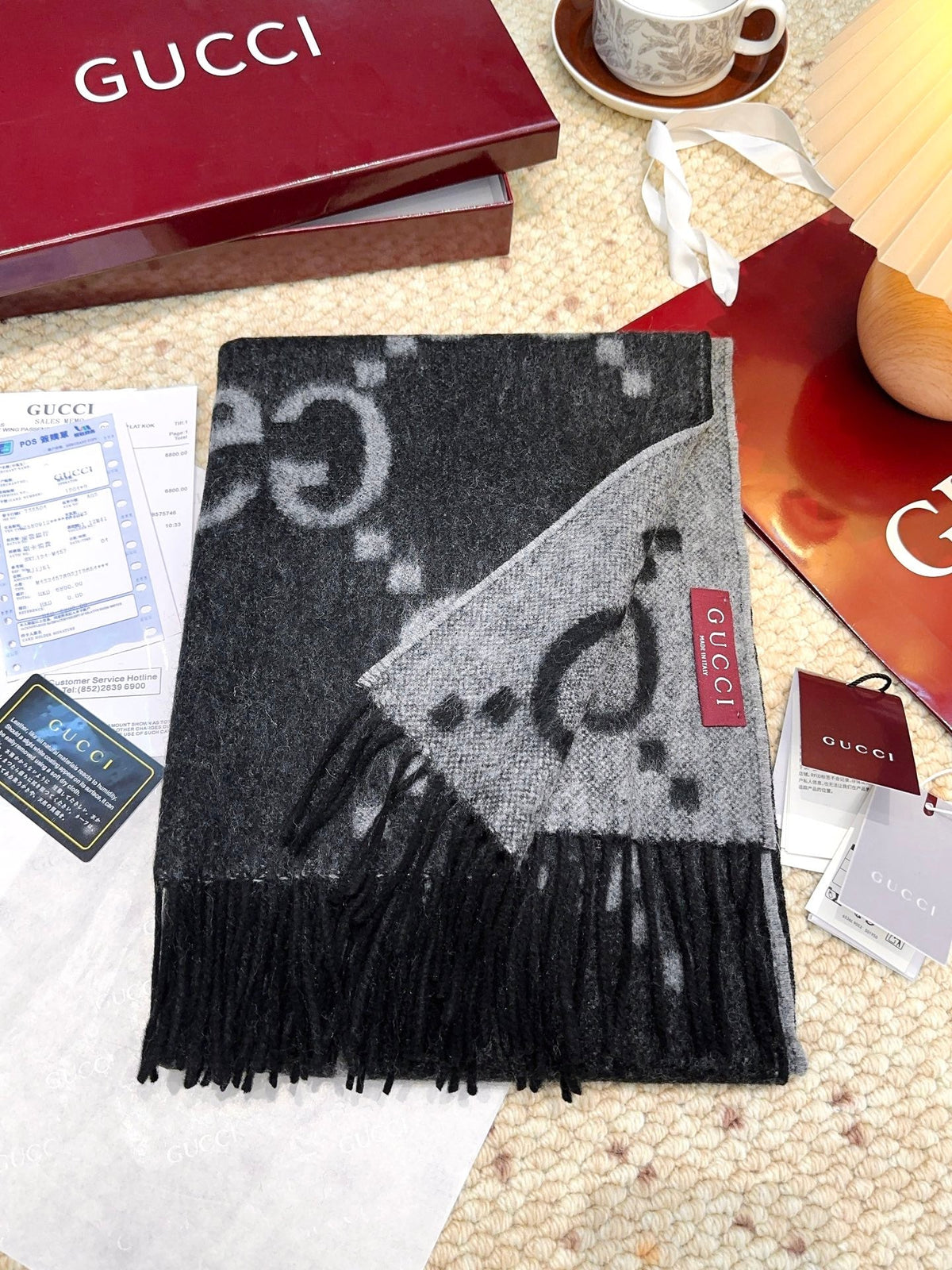 GG Double G Jacquard Scarf 200CM  Black Wool 282790