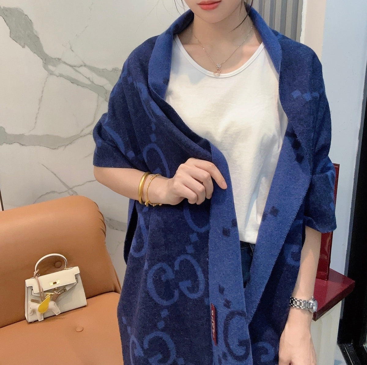 GG Double G Jacquard Scarf 200CM  Blue Black Wool 282791
