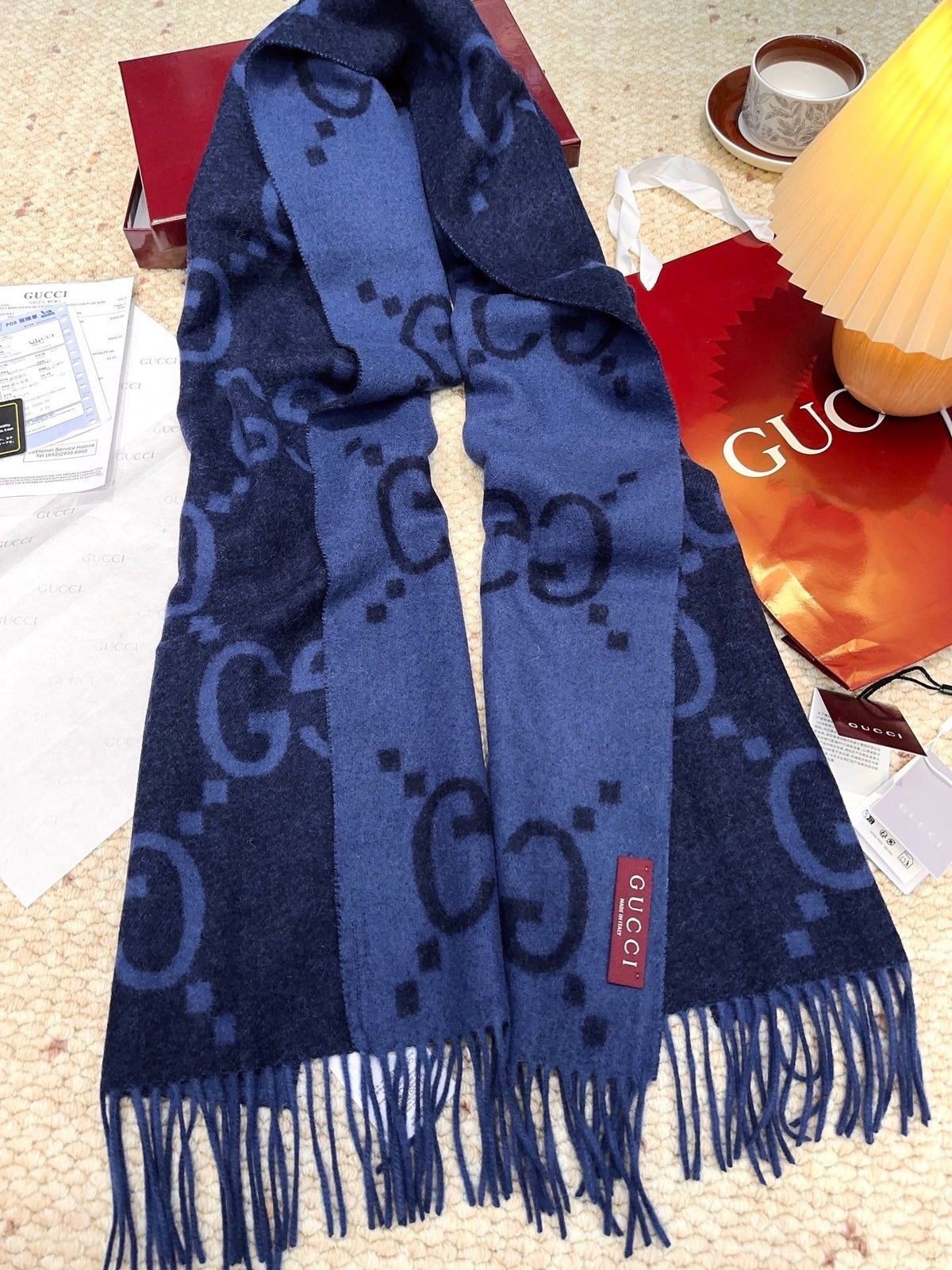 GG Double G Jacquard Scarf 200CM  Blue Black Wool 282791