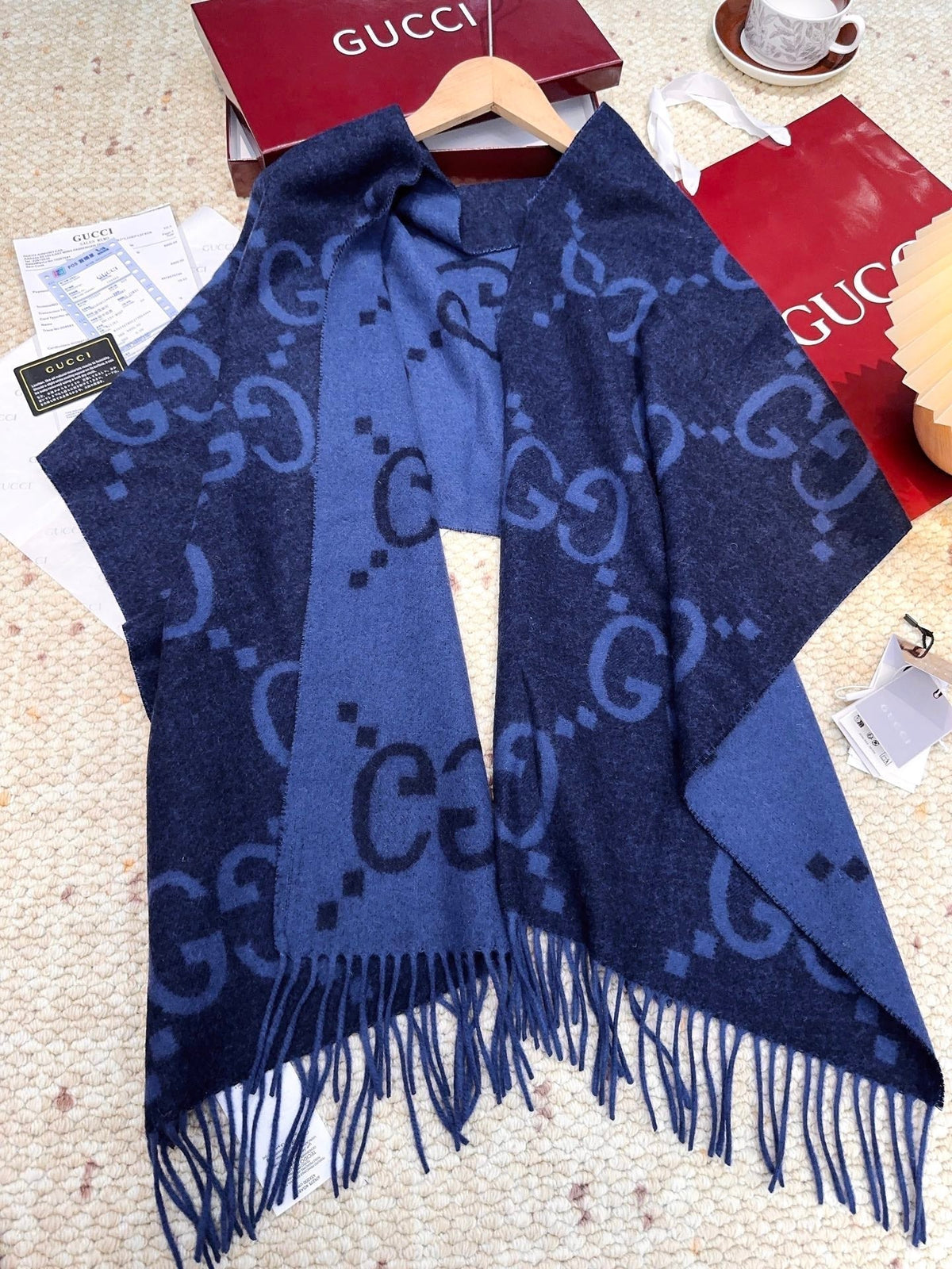 GG Double G Jacquard Scarf 200CM  Blue Black Wool 282791