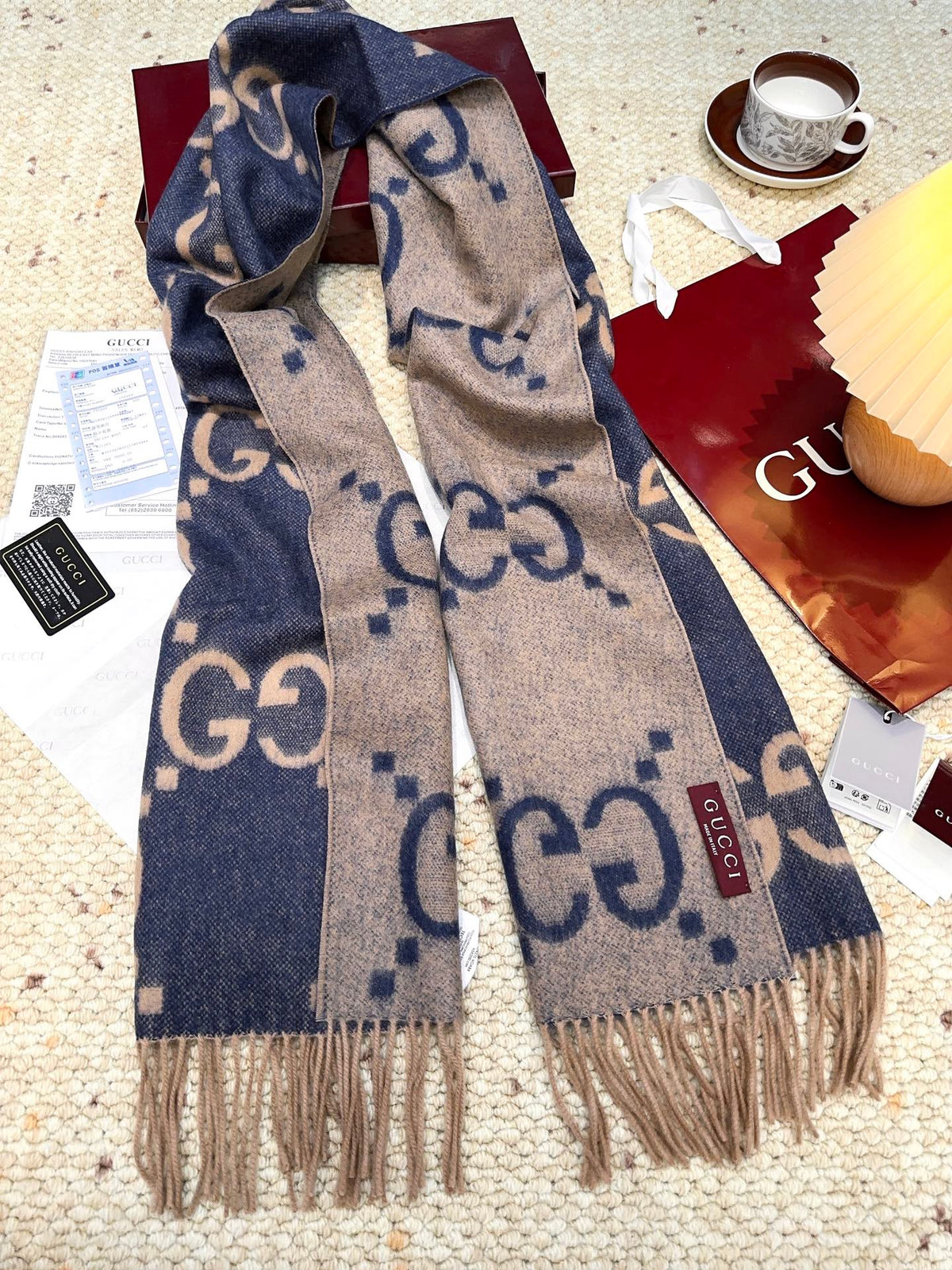 GG Double G Jacquard Scarf 200CM  Blue Beige Wool 282792