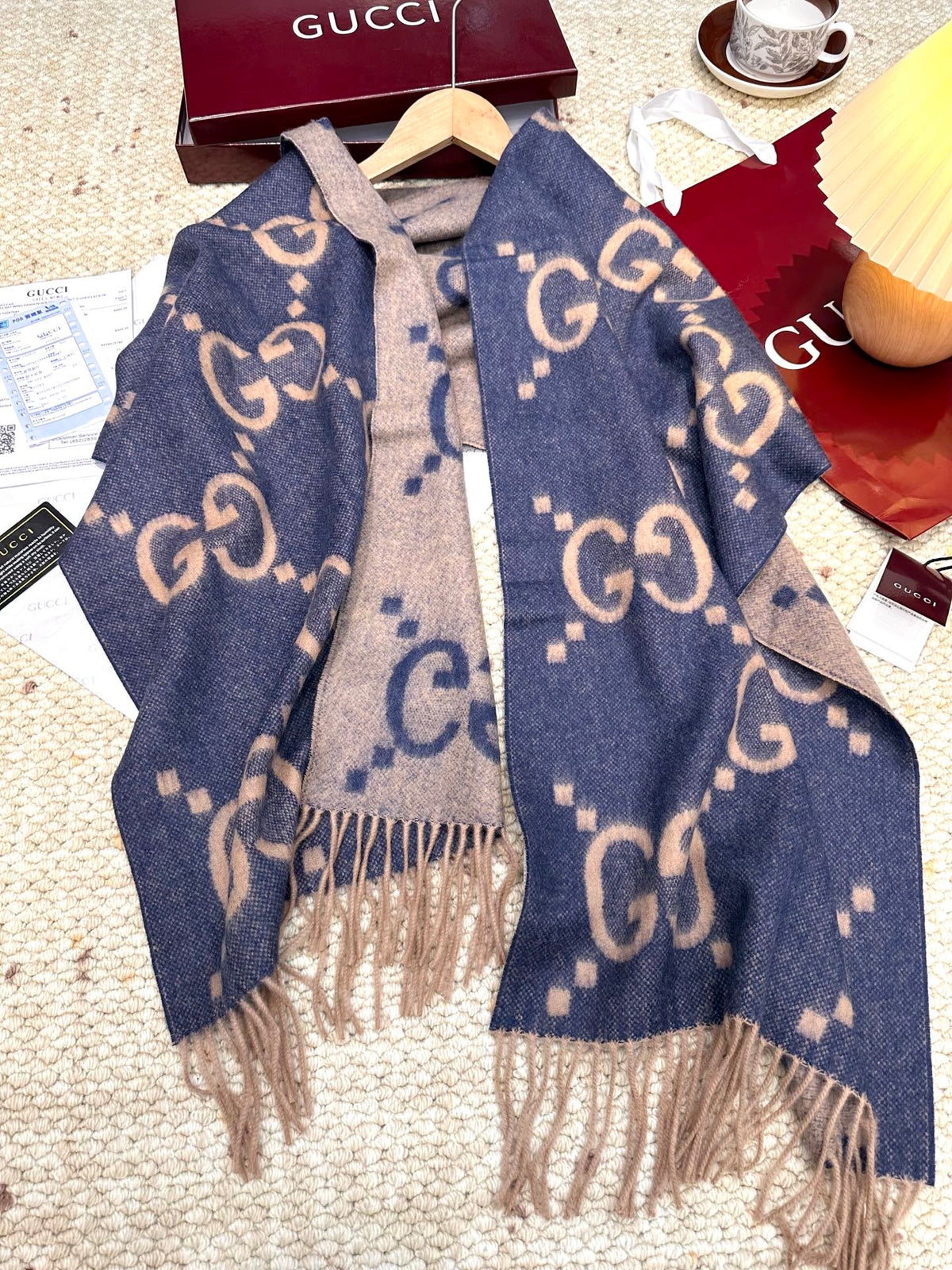 GG Double G Jacquard Scarf 200CM  Blue Beige Wool 282792
