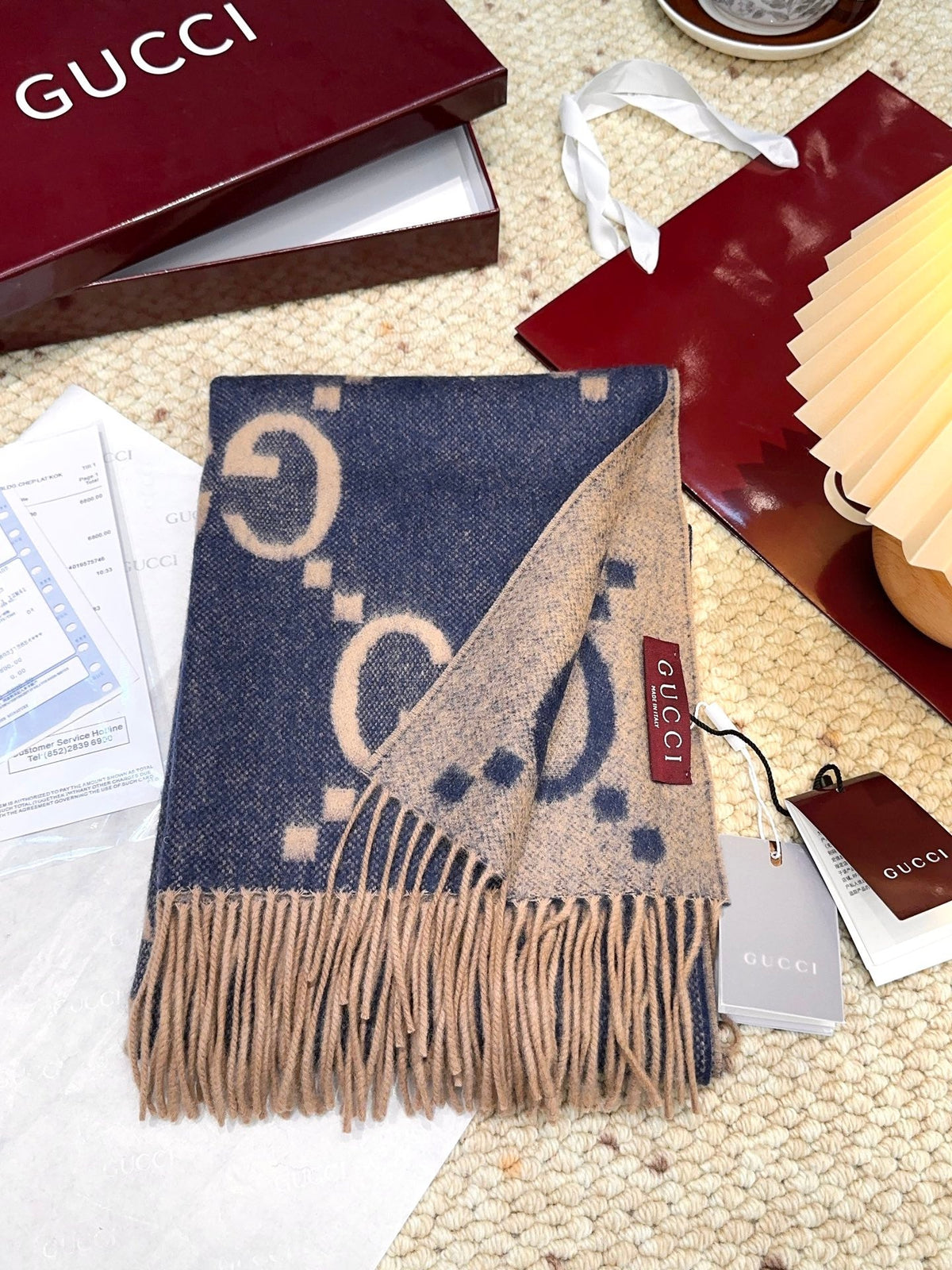 GG Double G Jacquard Scarf 200CM  Blue Beige Wool 282792