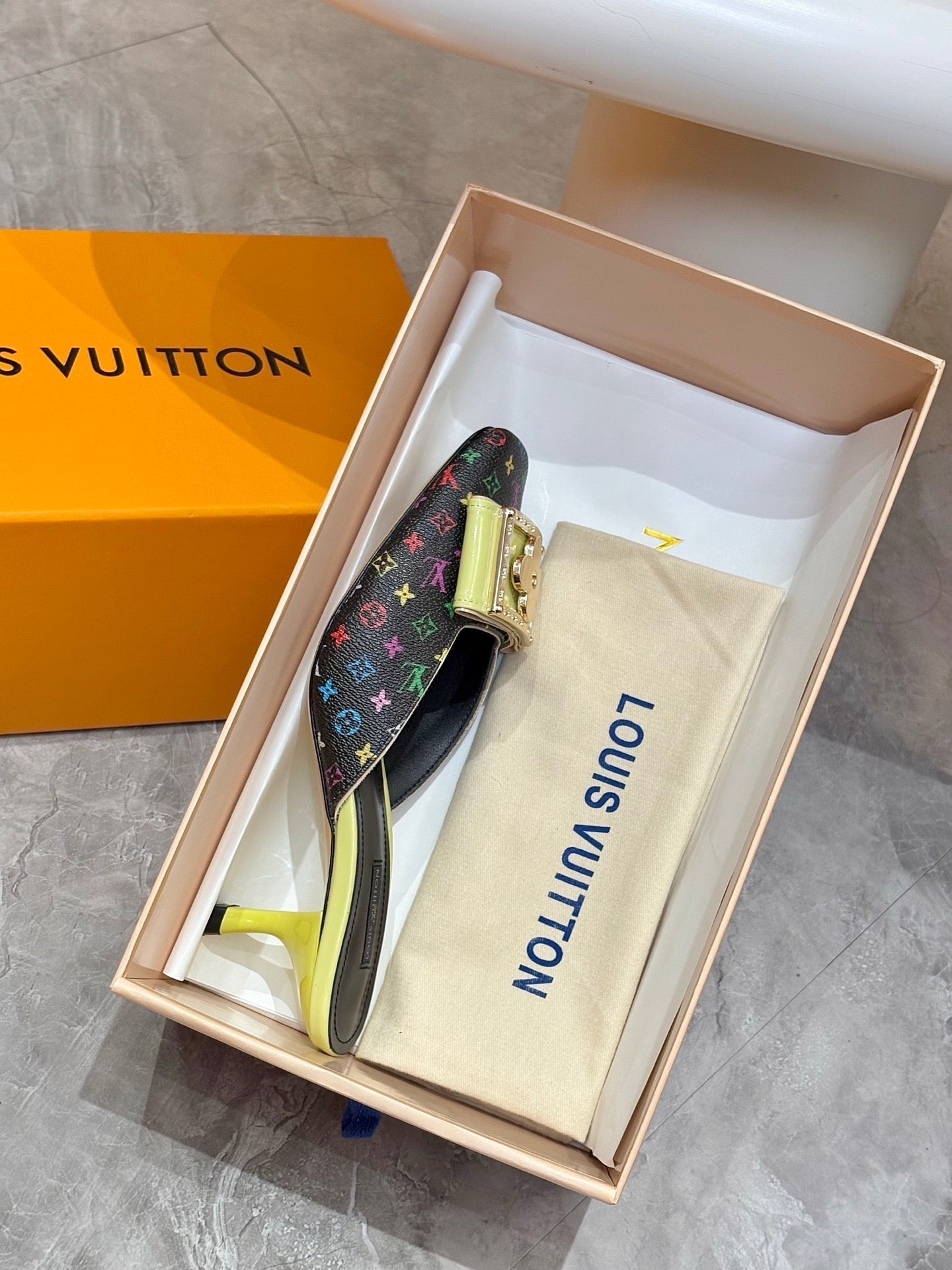 LV 26ss High-Heeled Mules 60 Black Lemon Yellow Multicolor Cowhide 664880
