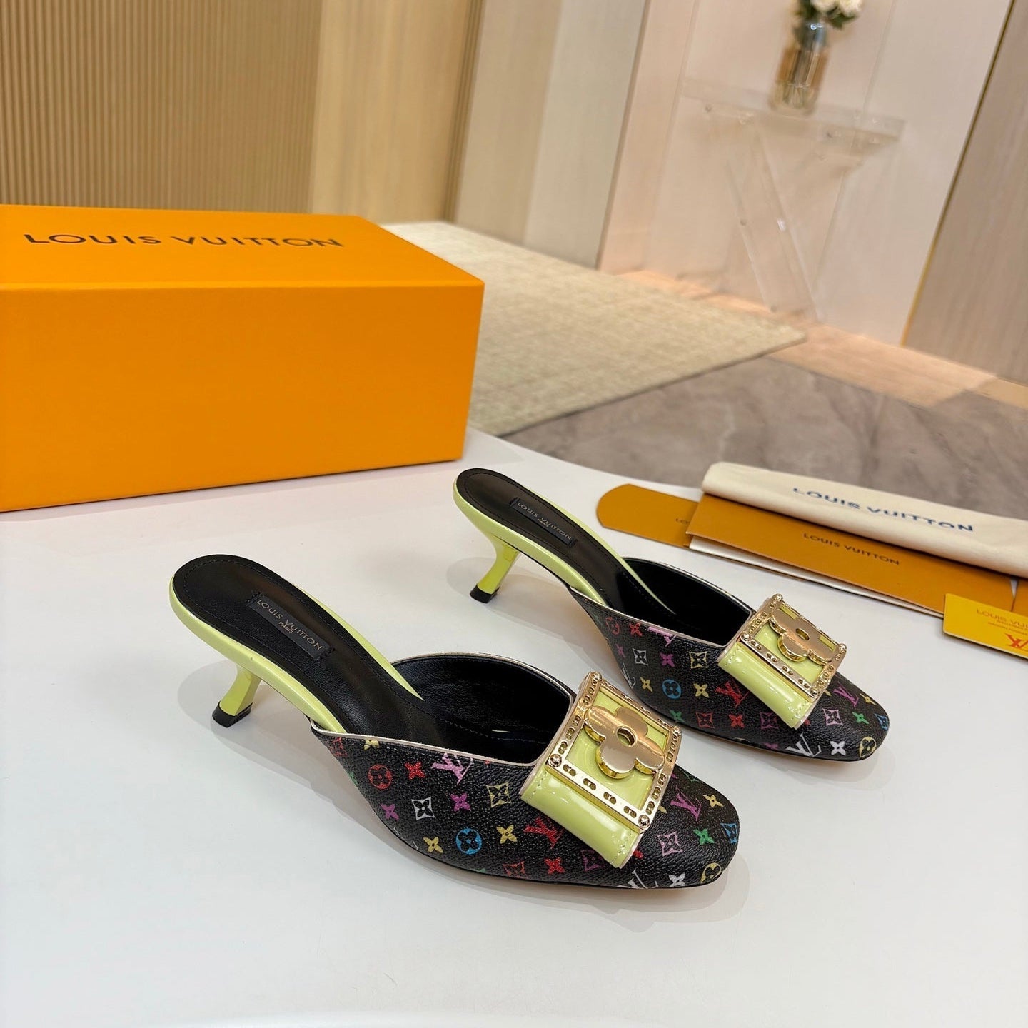 LV 26ss High-Heeled Mules 60 Black Lemon Yellow Multicolor Cowhide 664880
