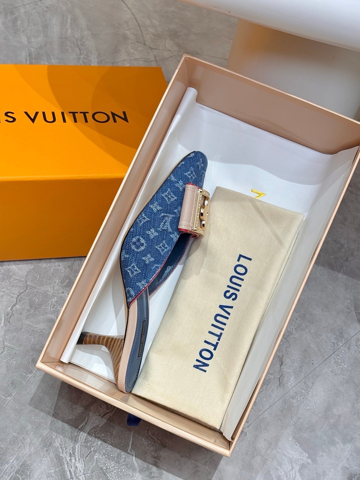 LV 26ss High-Heeled Mules 60 Blue Monogram Denim Cowhide 664881
