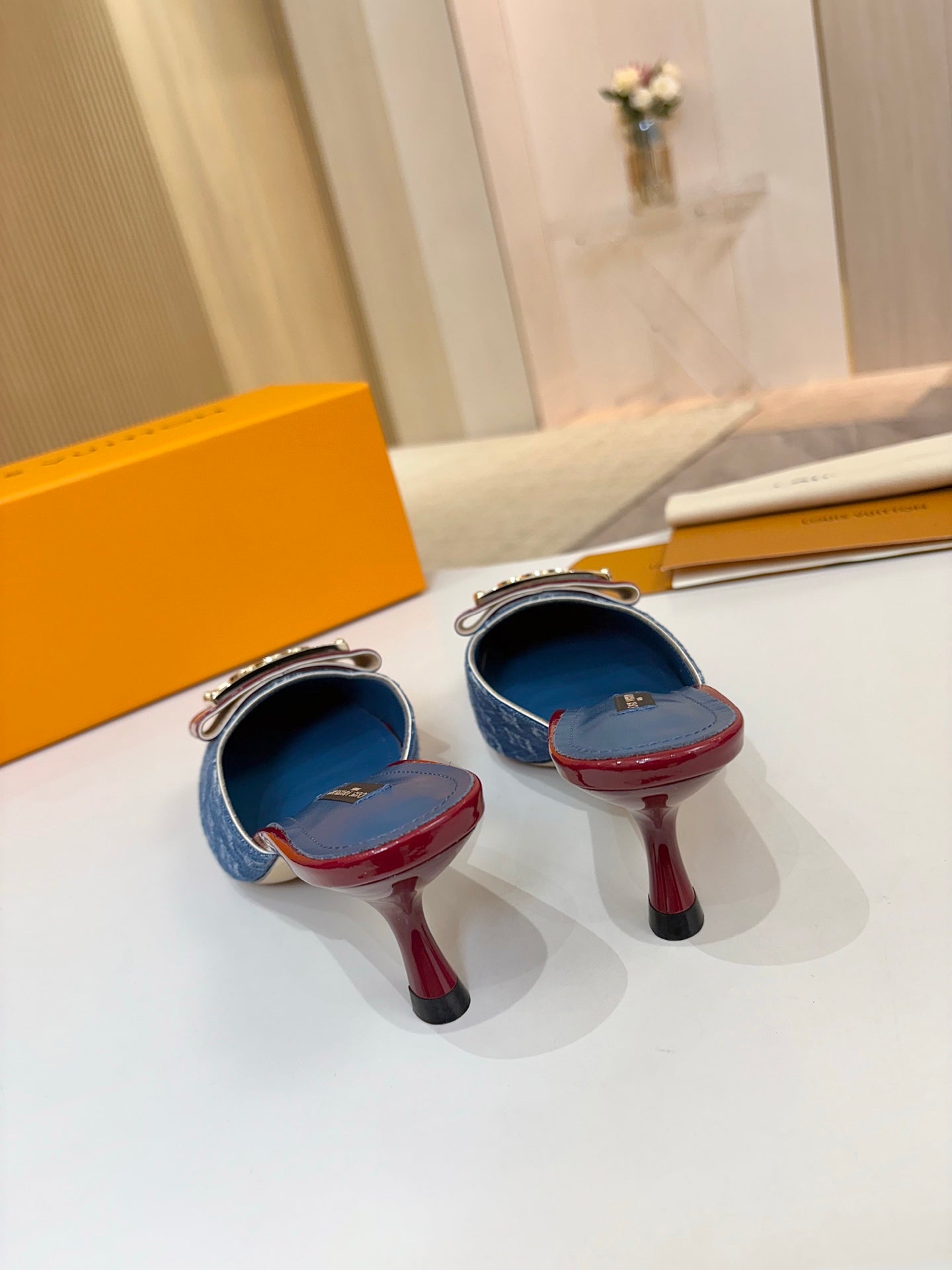 LV 26ss High-Heeled Mules 60 Blue Red Monogram Denim Cowhide 664882