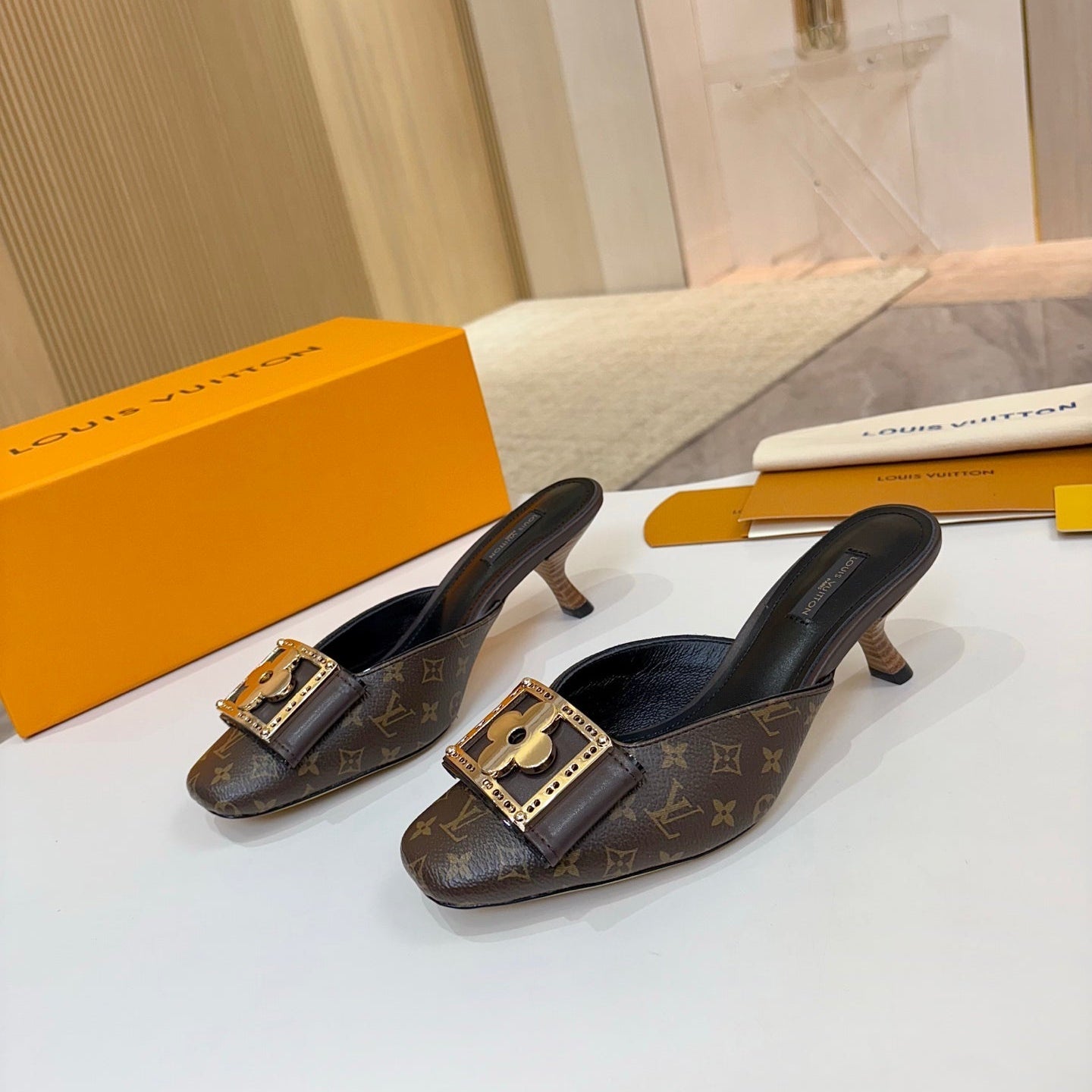 LV 26ss High-Heeled Mules 60 Brown Black Monogram Cowhide 664884