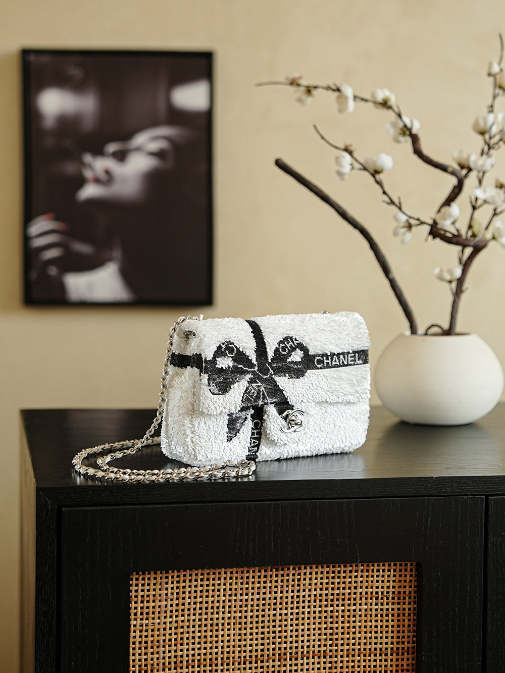 CC 2025 Bow Flap Bag White Black Sequin 308598
