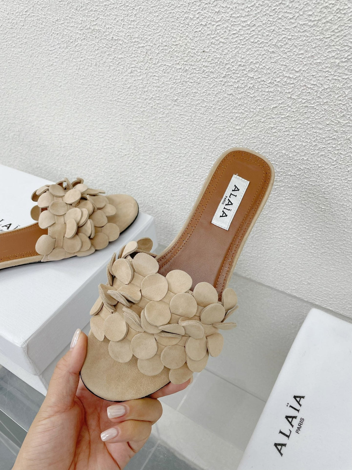 alaia sandal mule flower beige suede