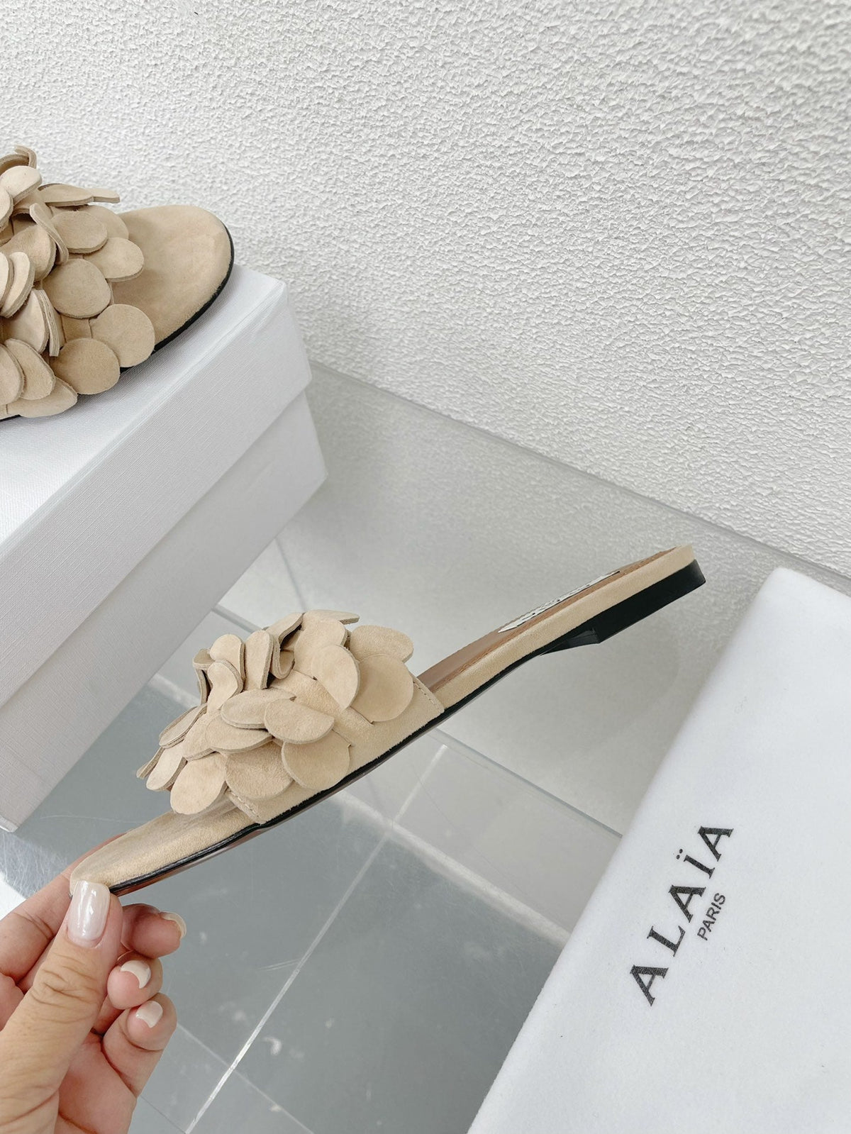 alaia sandal mule flower beige suede