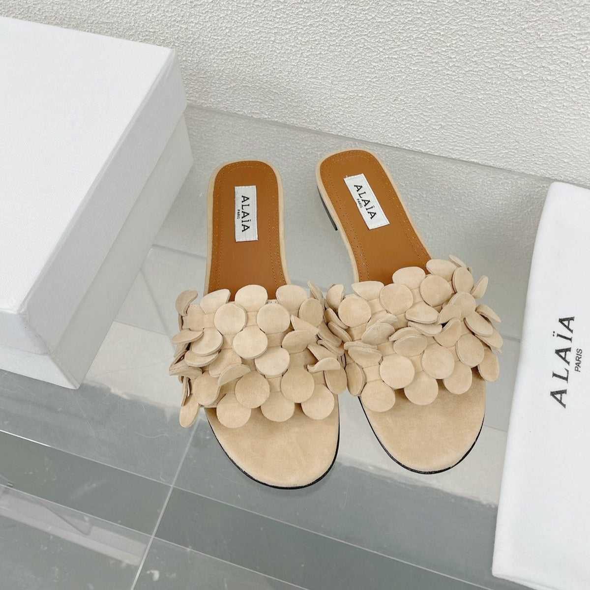 alaia sandal mule flower beige suede