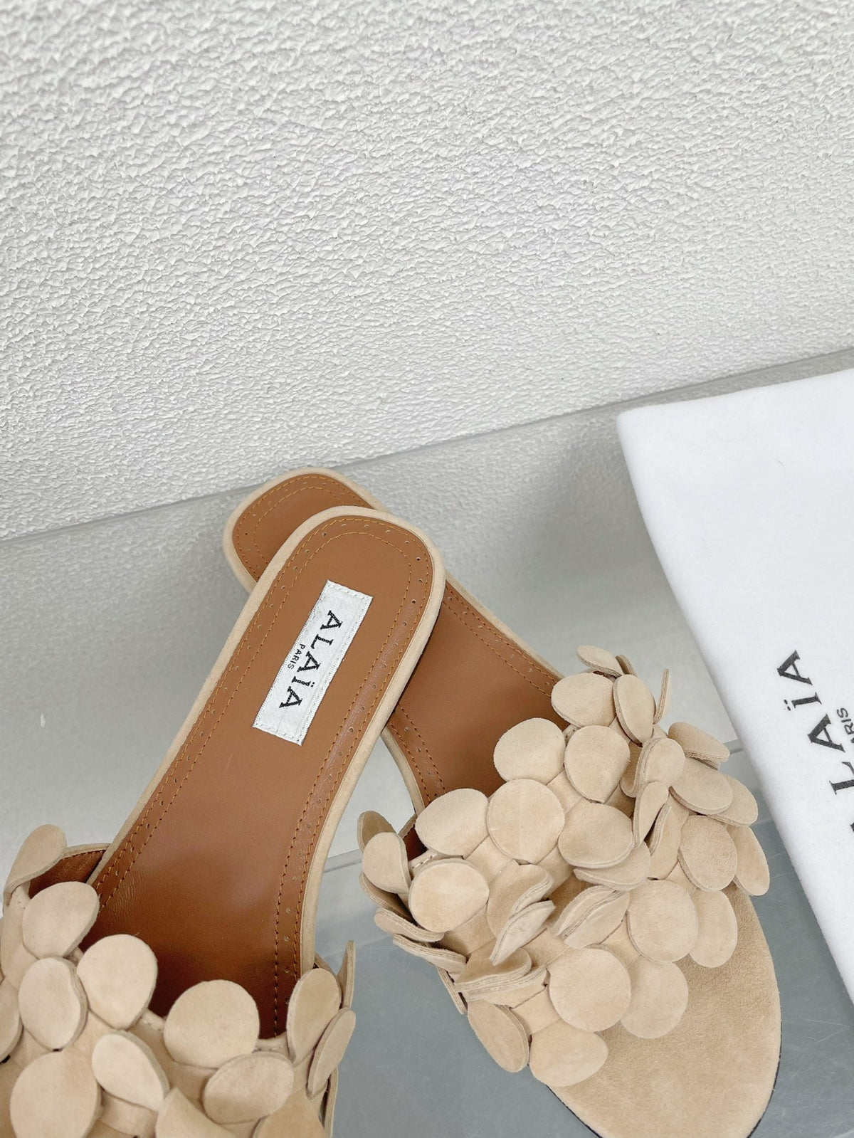 alaia sandal mule flower beige suede