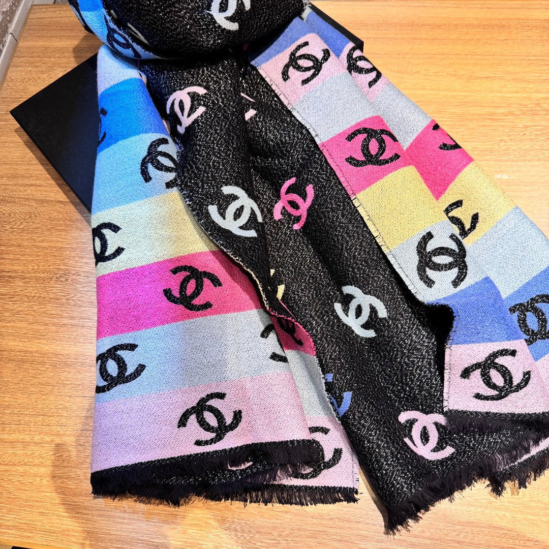 CC Scarf 187 CM In Black Rainbow Cashmere Mix Cotton And Mulberry Silk 421487