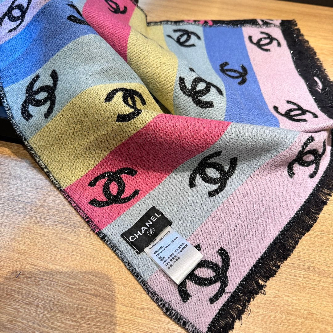CC Scarf 187 CM In Black Rainbow Cashmere Mix Cotton And Mulberry Silk 421487