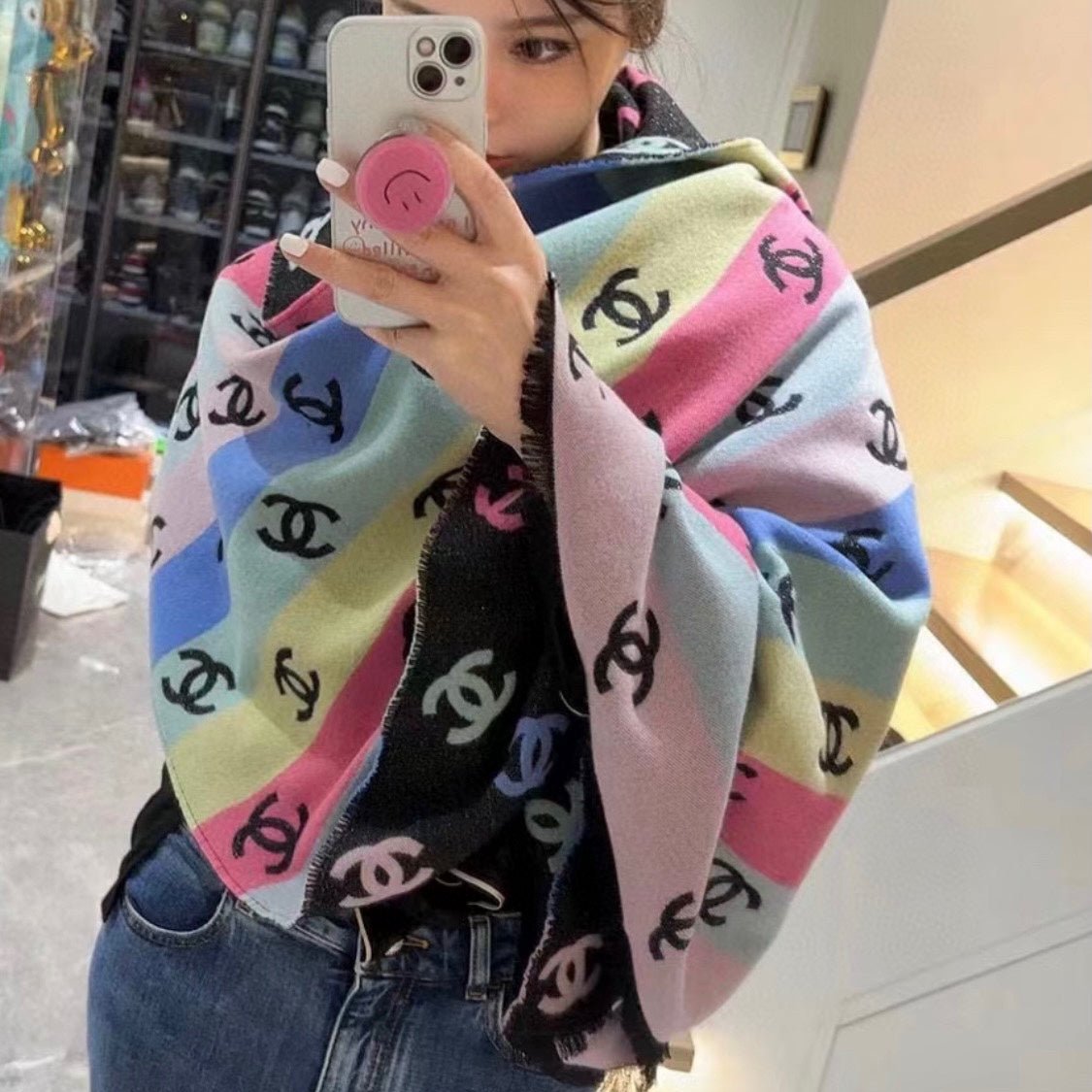 CC Scarf 187 CM In Black Rainbow Cashmere Mix Cotton And Mulberry Silk 421487