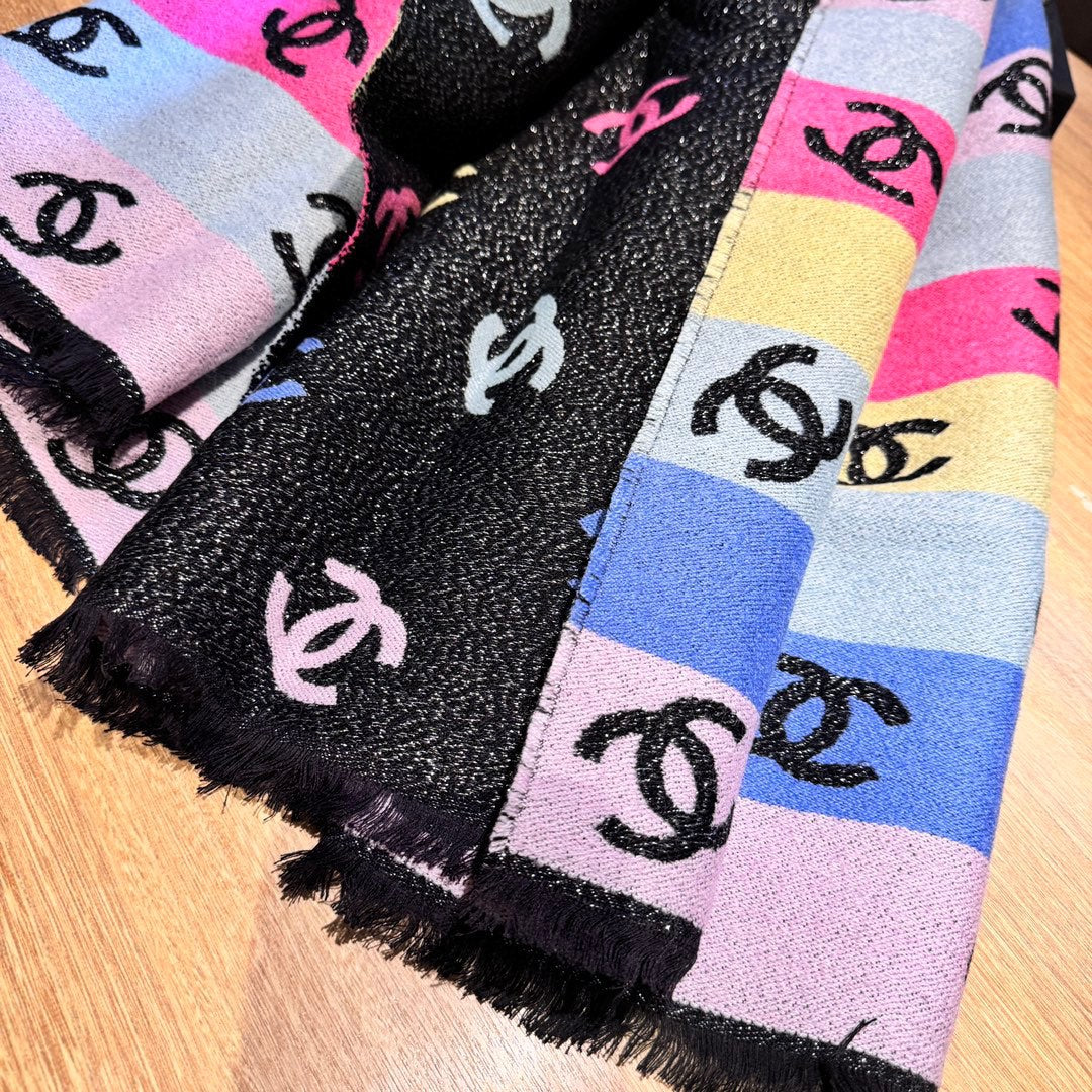 CC Scarf 187 CM In Black Rainbow Cashmere Mix Cotton And Mulberry Silk 421487