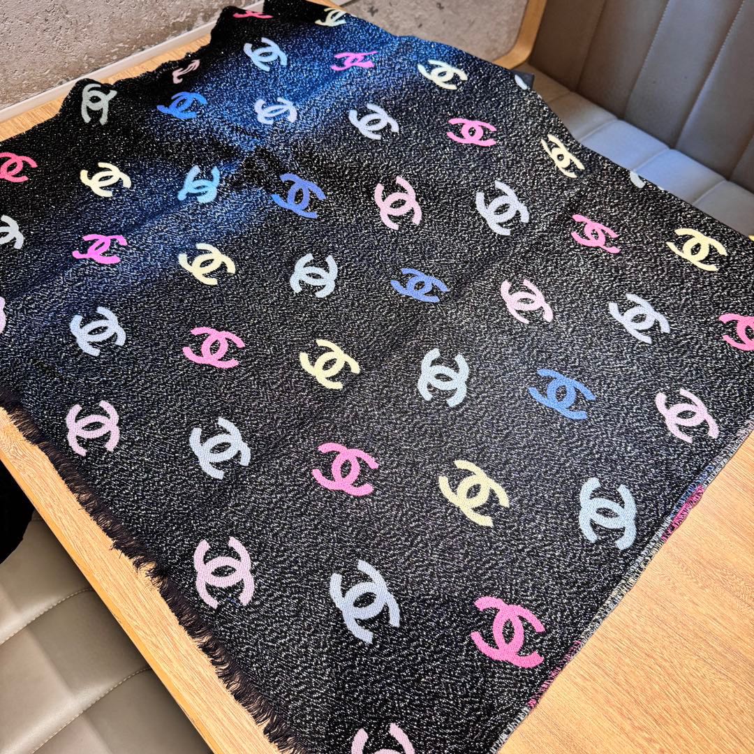 CC Scarf 187 CM In Black Rainbow Cashmere Mix Cotton And Mulberry Silk 421487