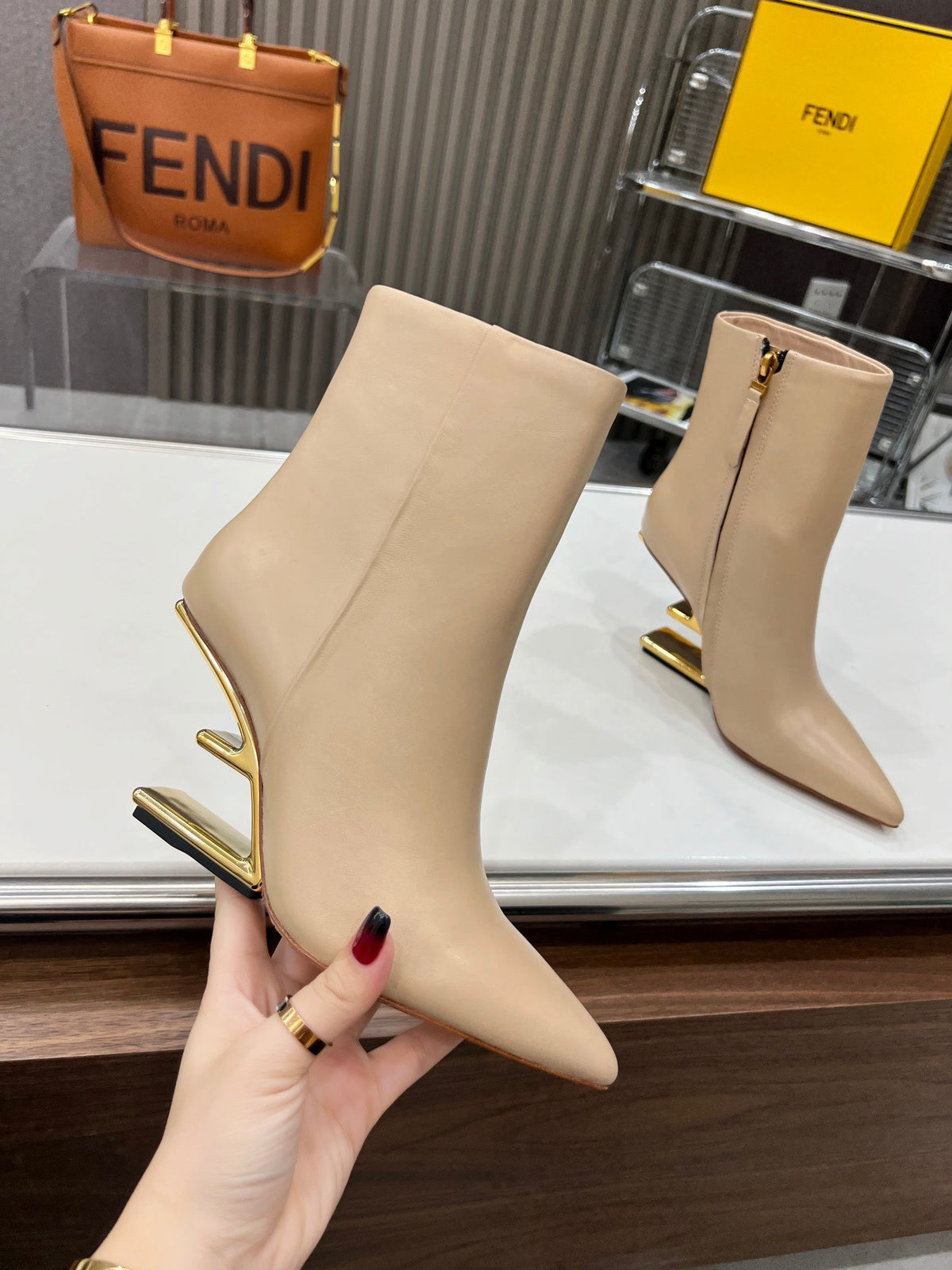 FENDI First Wedge Boots Light Beige Sheepskin 521224