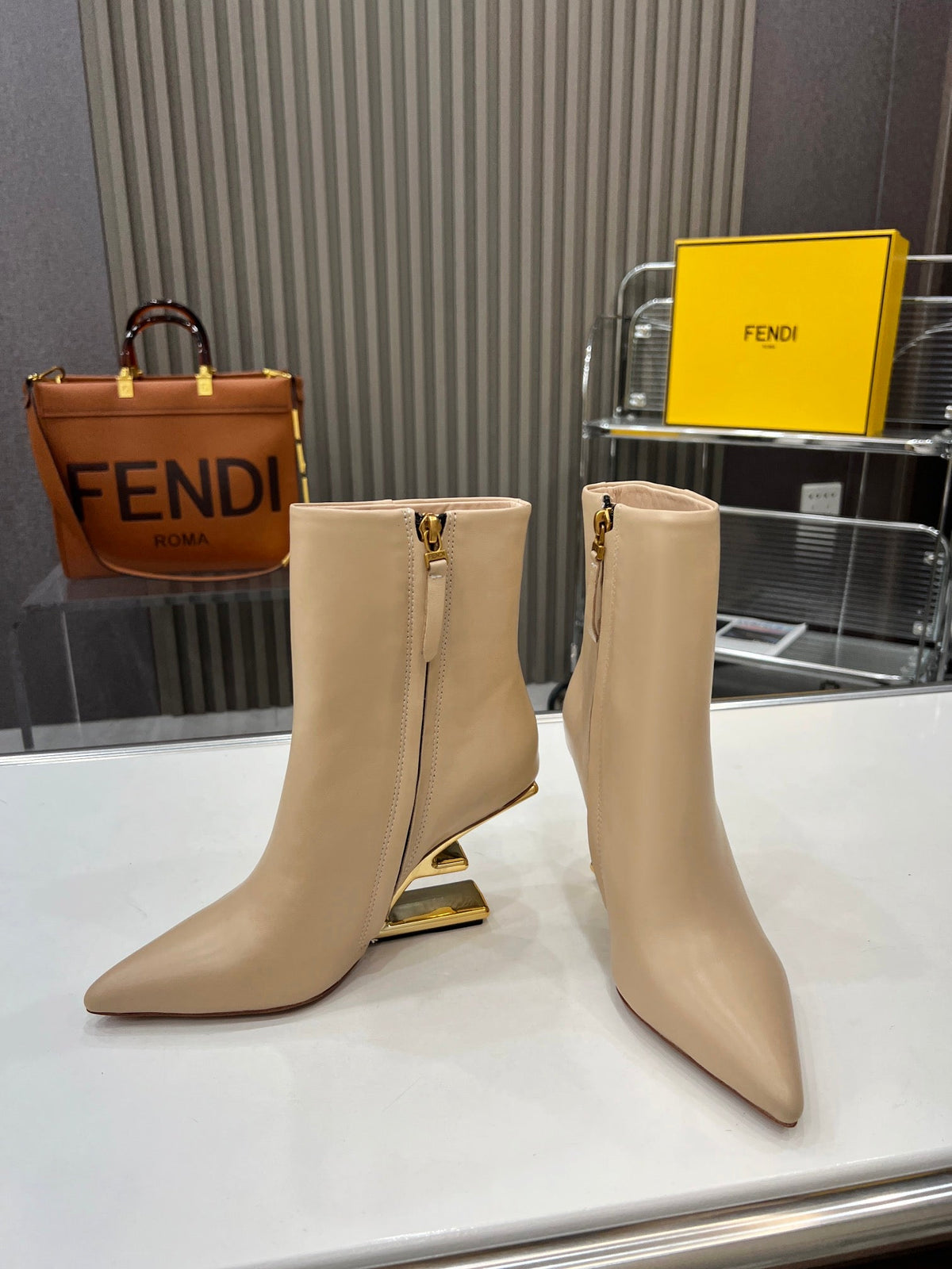 FENDI First Wedge Boots Light Beige Sheepskin 521224