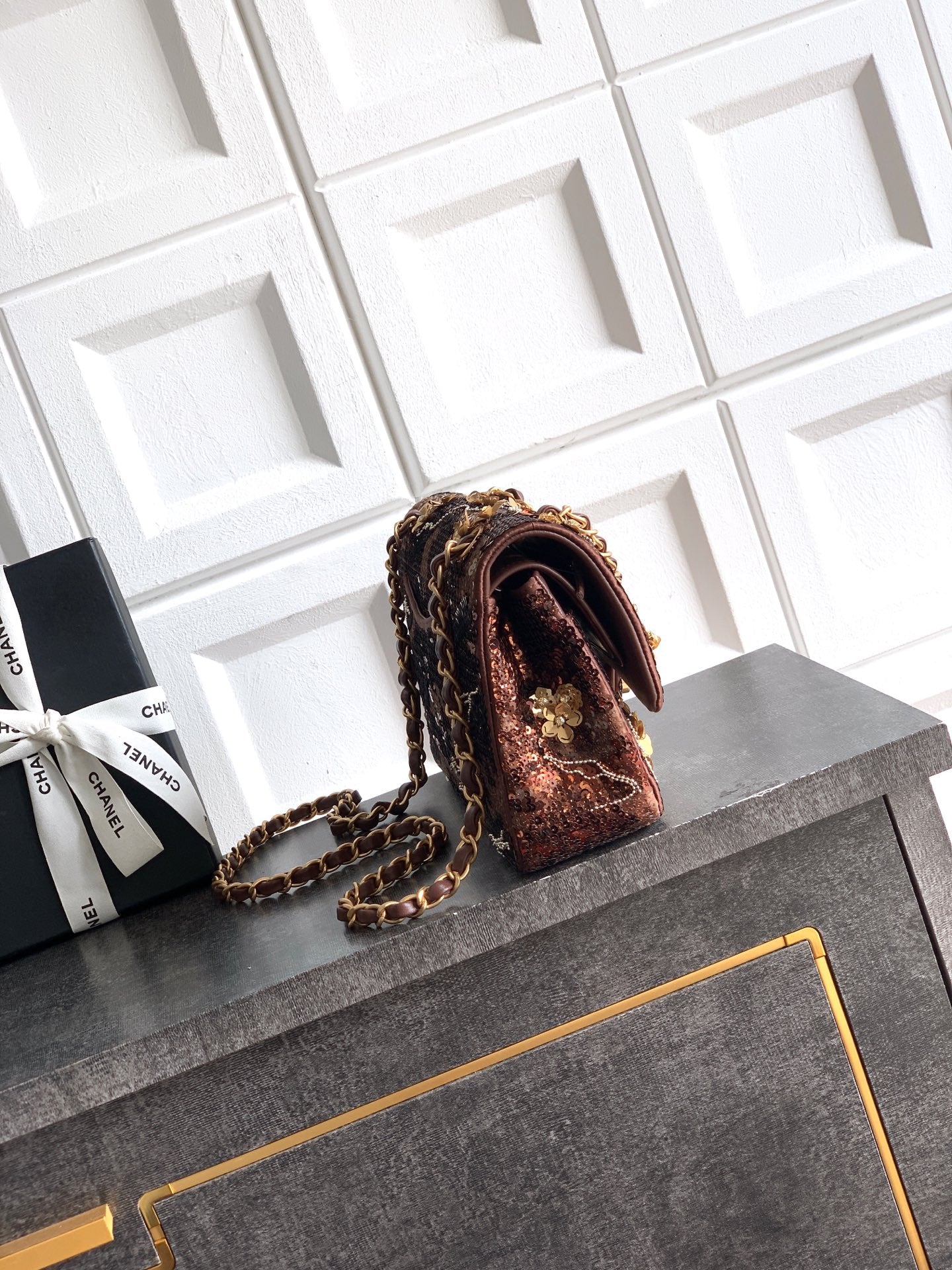 Chane 2026 Flap Bag Brown Mix Colors Sequin Leather