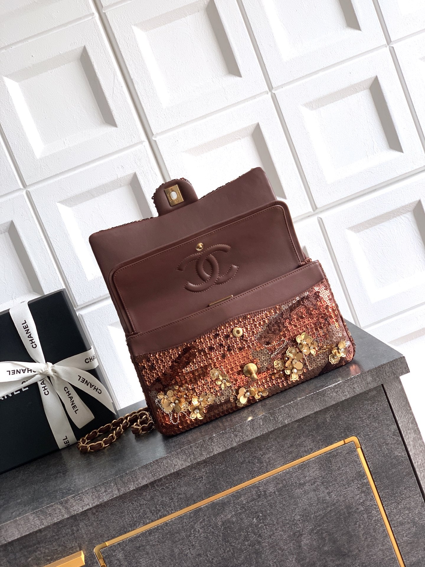 Chane 2026 Flap Bag Brown Mix Colors Sequin Leather