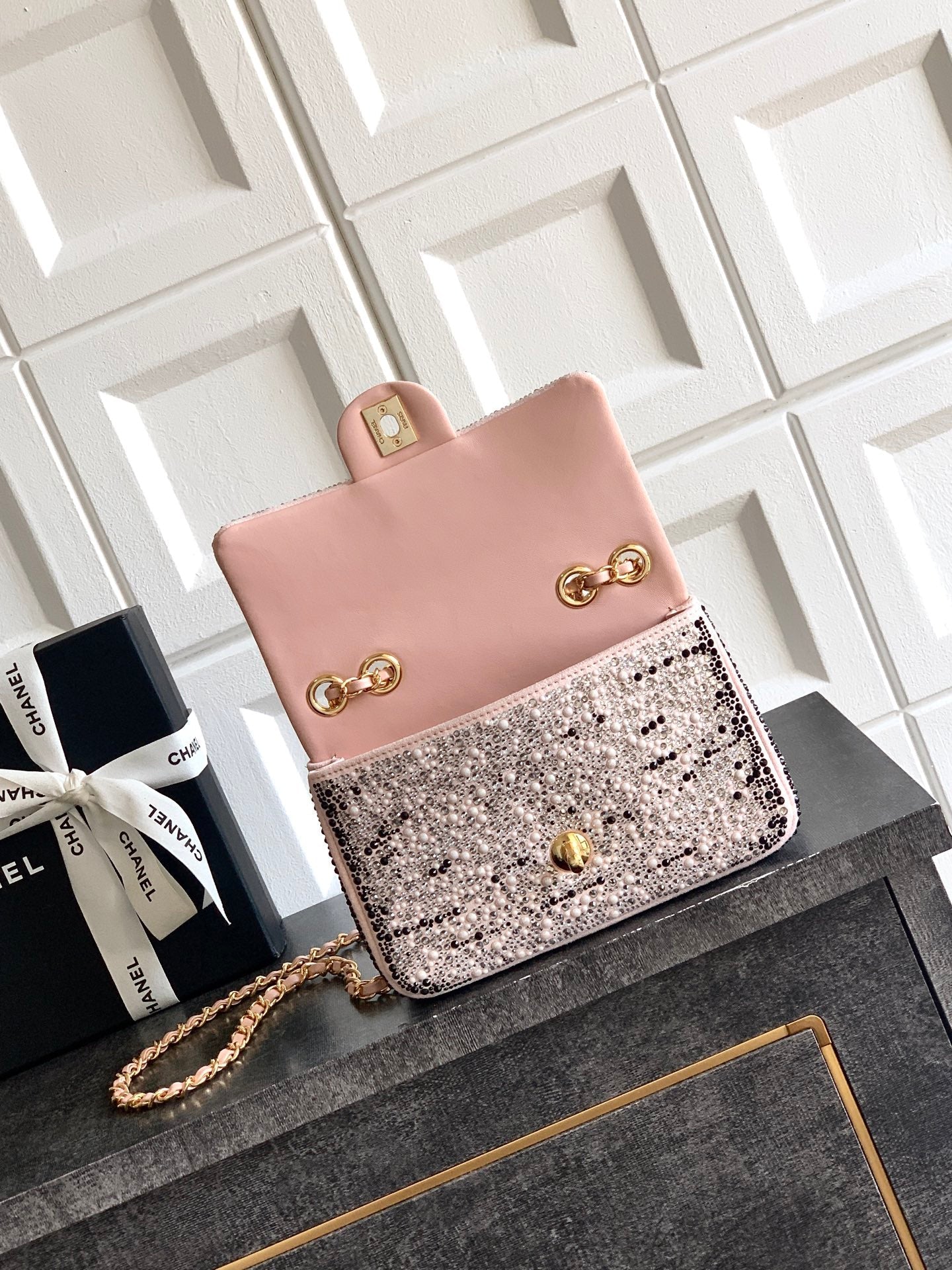 Chanel 2026 Flap Bag 20cm Pink Black Sequin Leather 348826