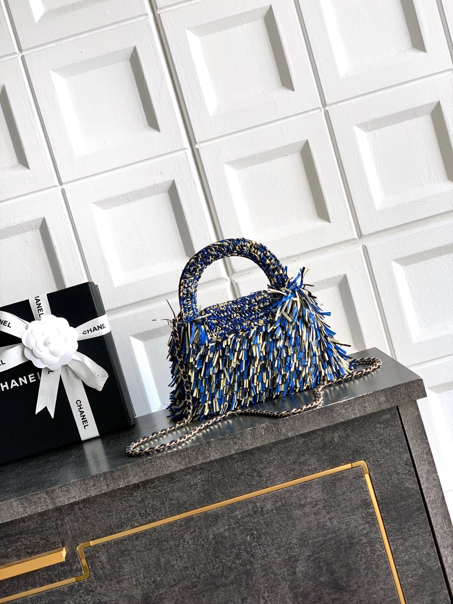 Chanel 2026 Bag 19cm Blue Black Yellow Raffia Leather