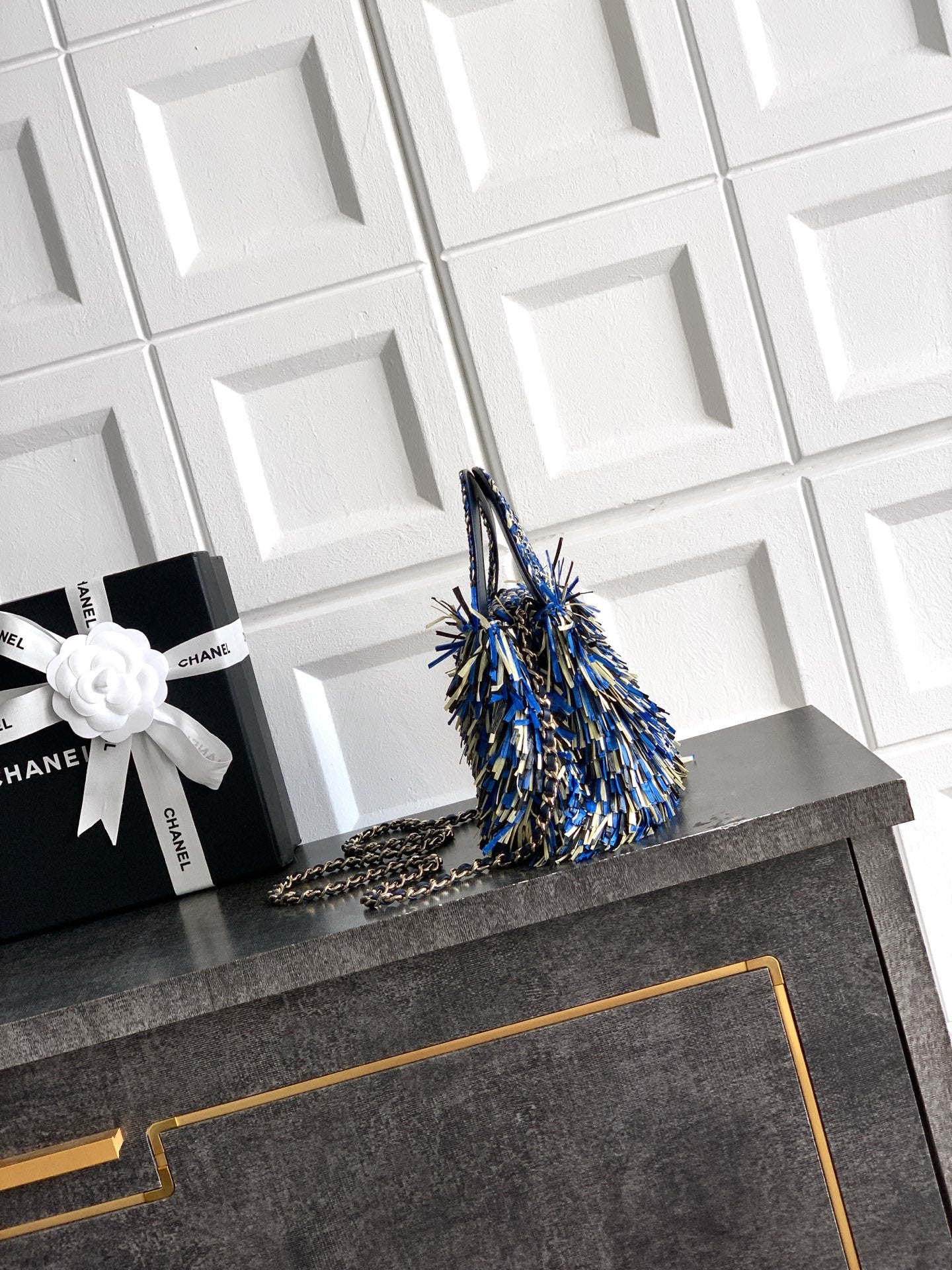 Chanel 2026 Bag 19cm Blue Black Yellow Raffia Leather