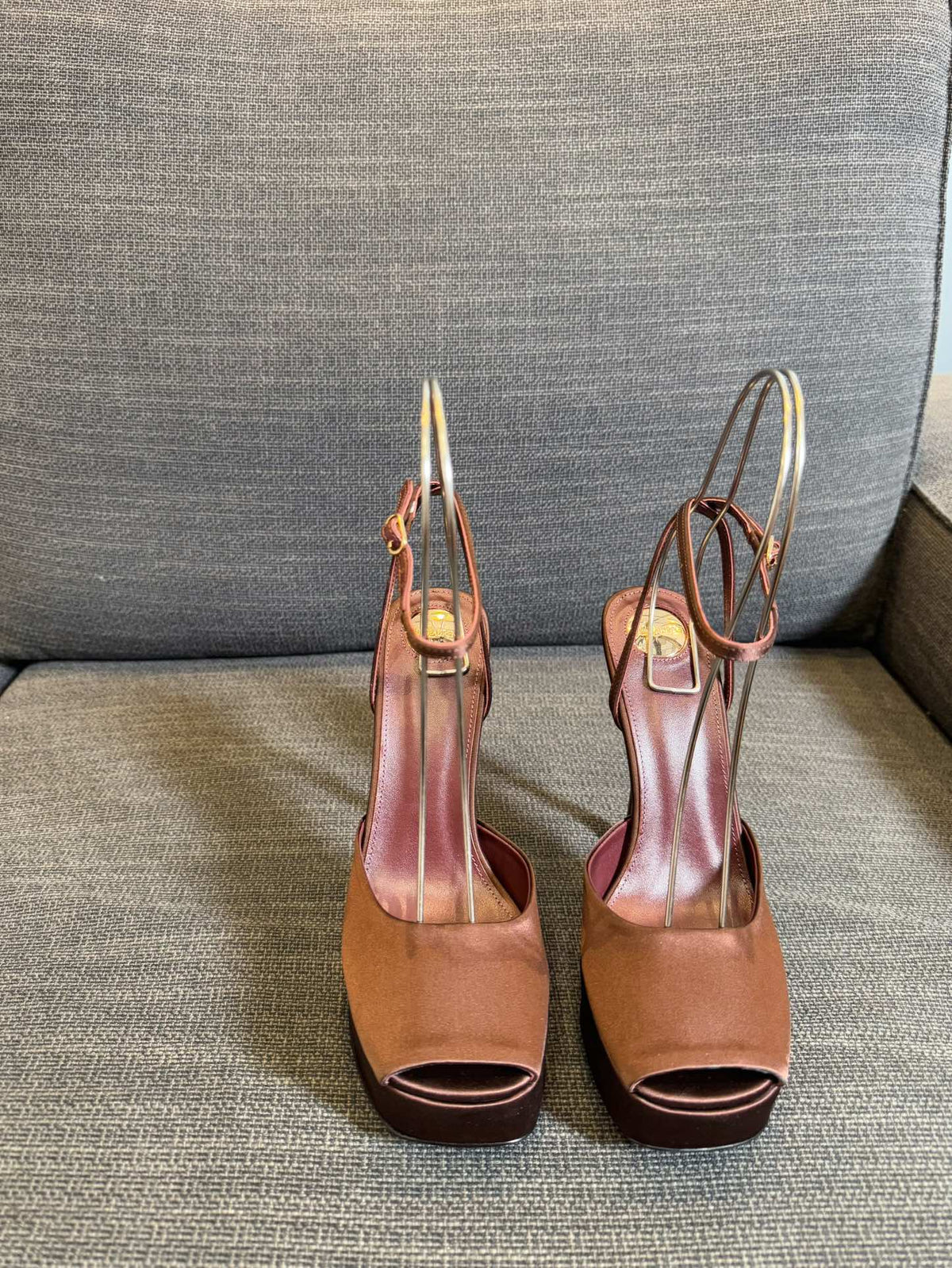 LA SCANDALE PLATFORM SANDALS IN DARK CAPPUCCINO SATIN