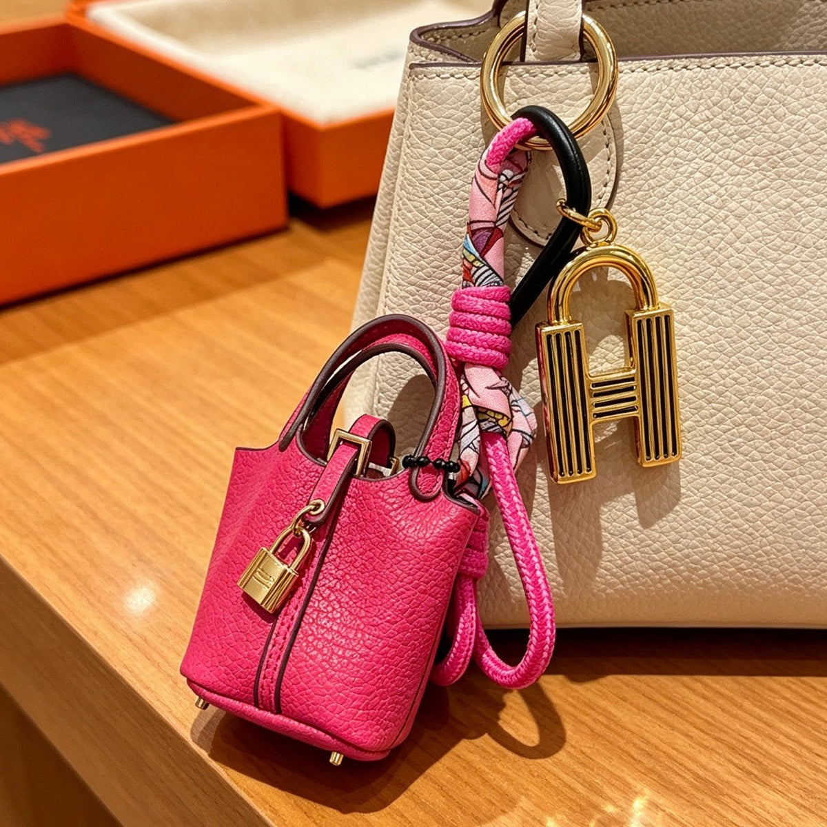 Hermes Pink Gold Bucket Bag Charm