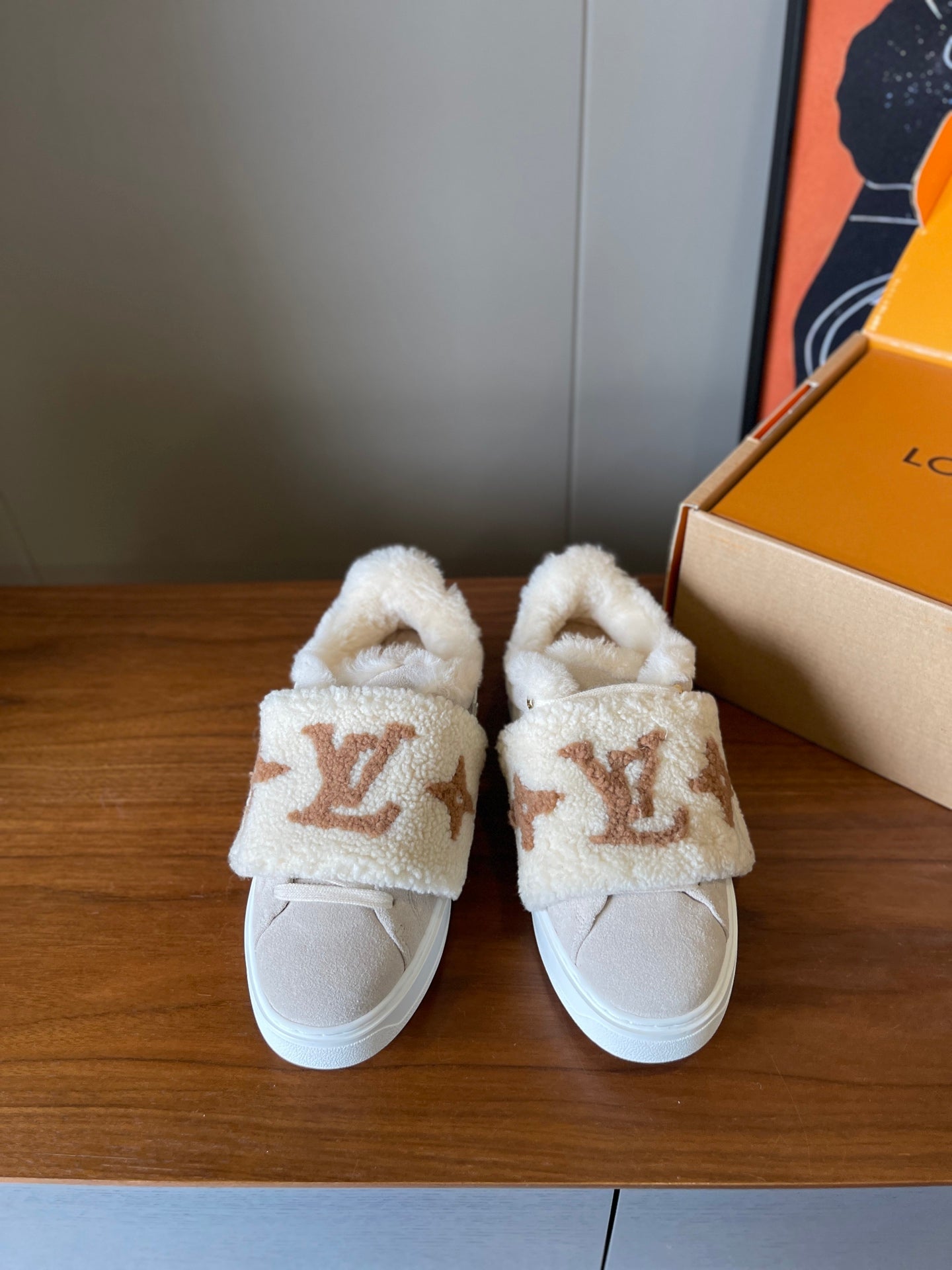 LV 26s Platform Sneakers Beige Brown Monogram Suede Wool 621160
