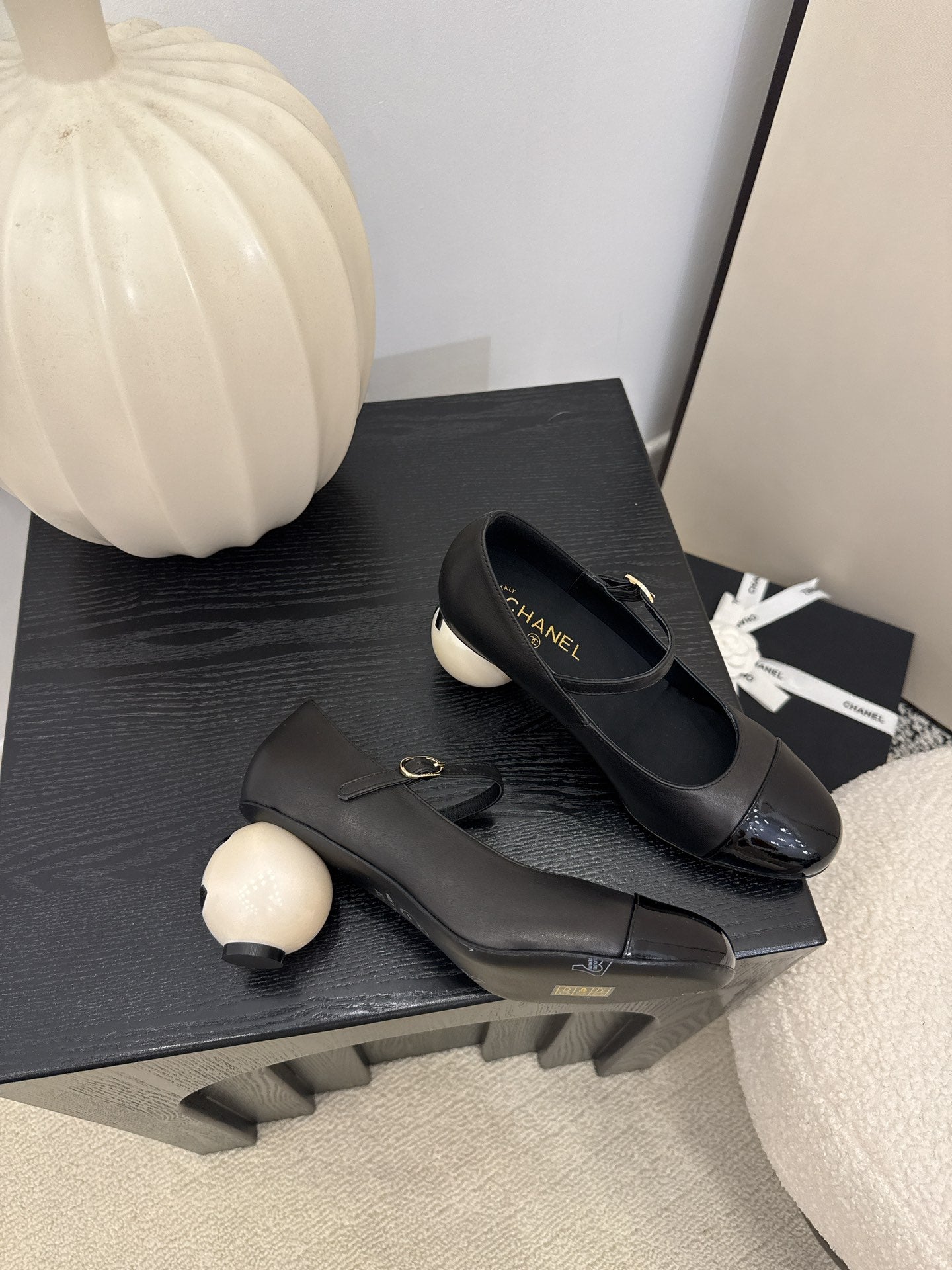 Chanel Mary Jane Pumps with Pearl Heels Black White Leather
