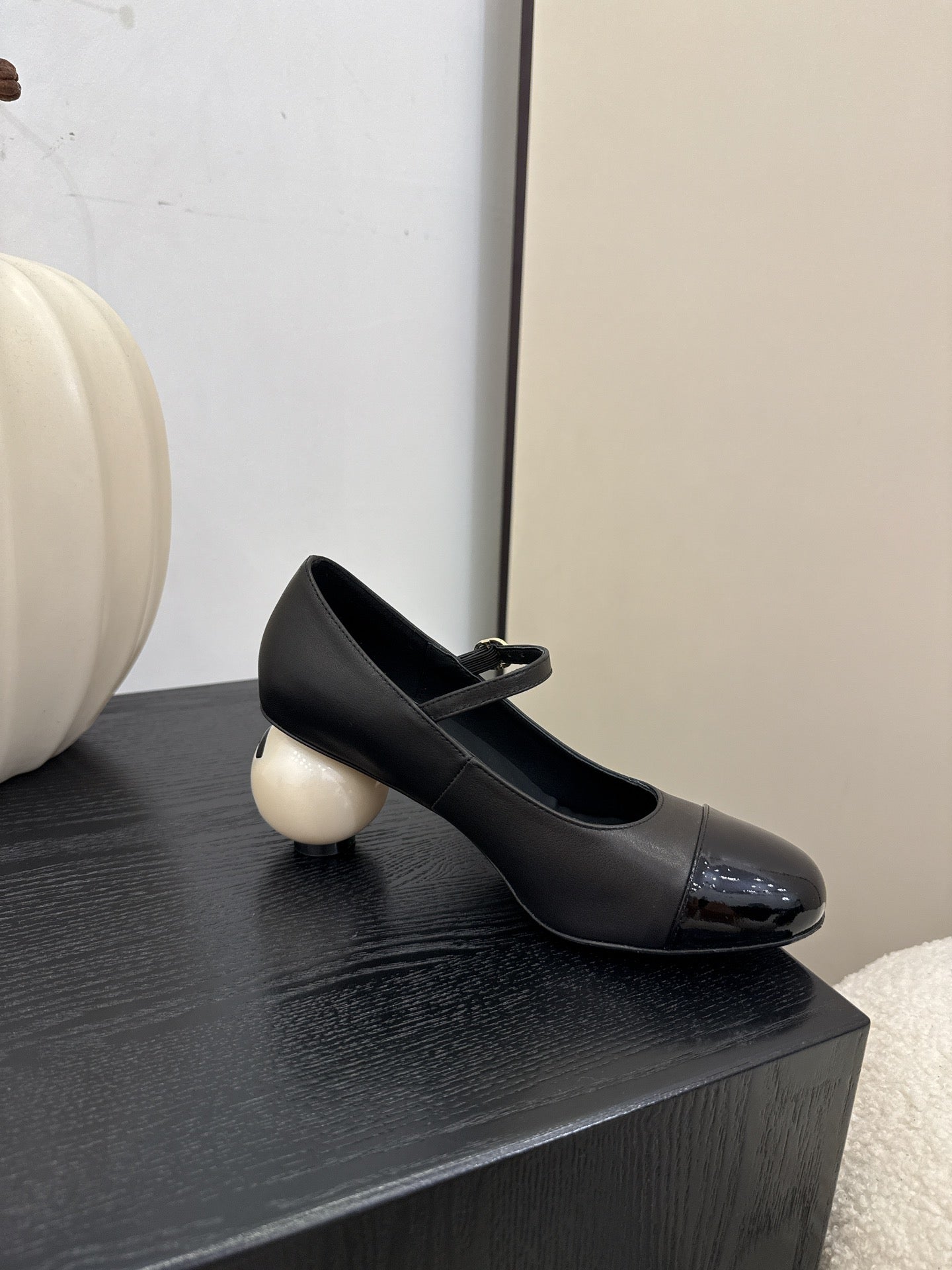 Chanel Mary Jane Pumps with Pearl Heels Black White Leather