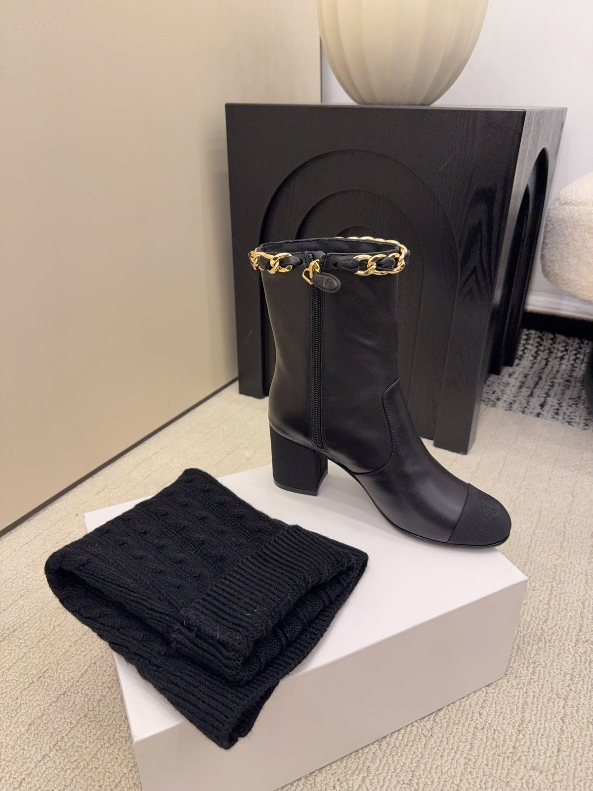 CC 26 Boot With Sock Detail Black Wool Leather 588842