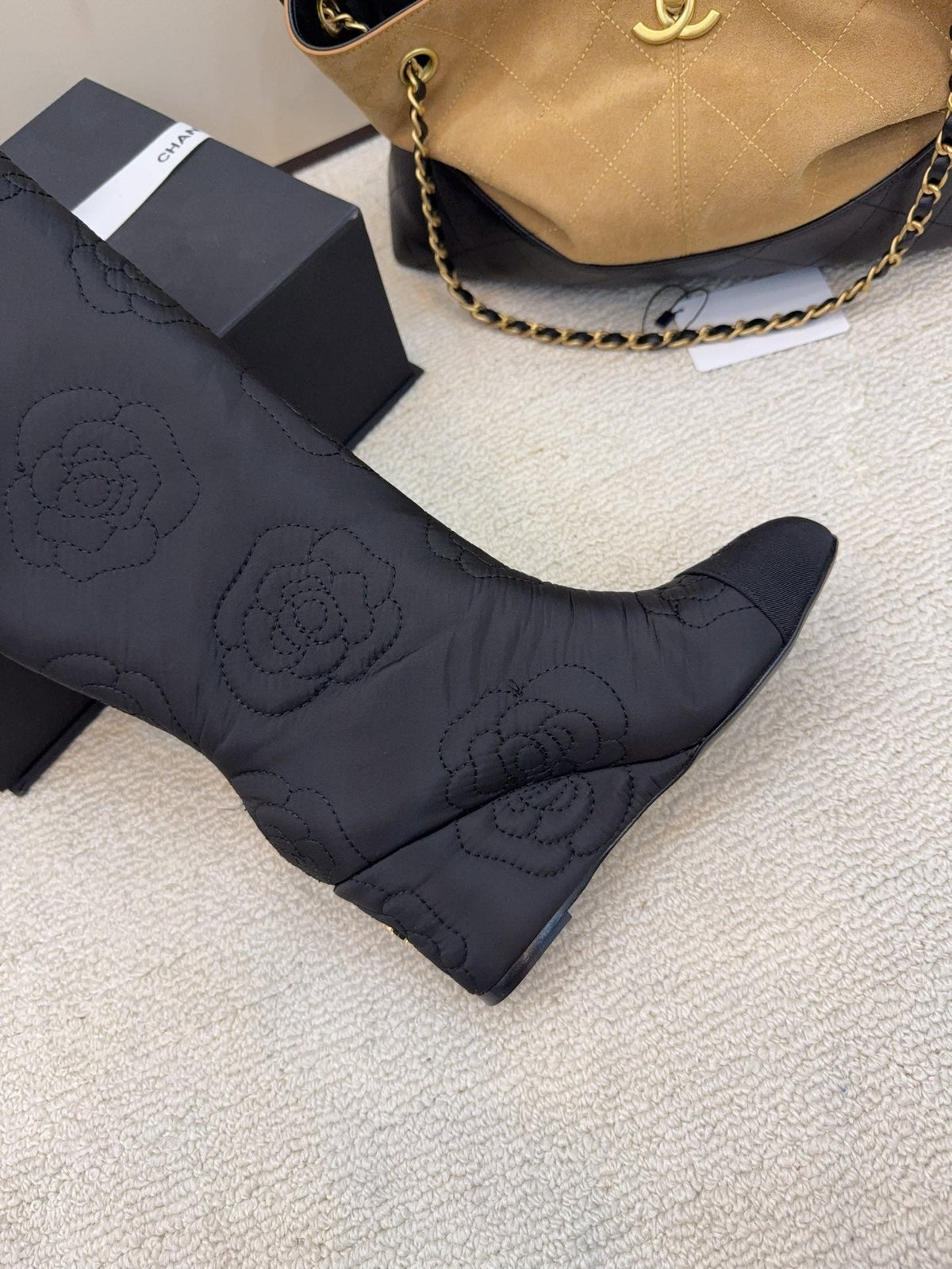 CC 26 Wedge Boot With Quilted Camellia Pattern Black Fabric 588892