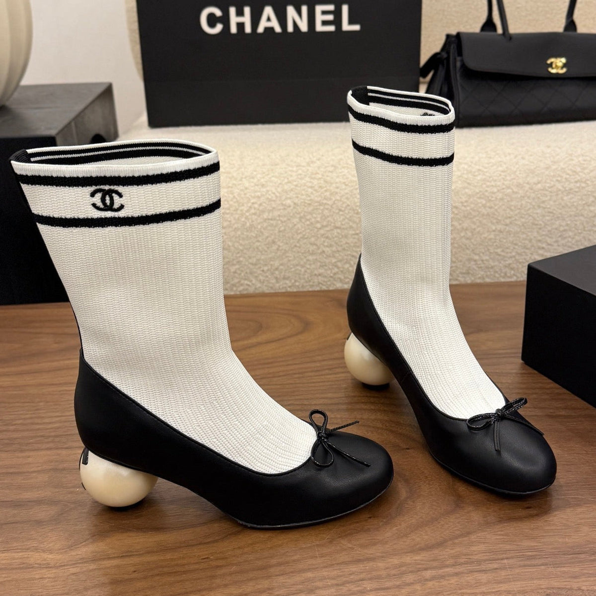 Chanel 2026 Pearl Sock Ankle Boots 65mm Cowhide Knit 173311