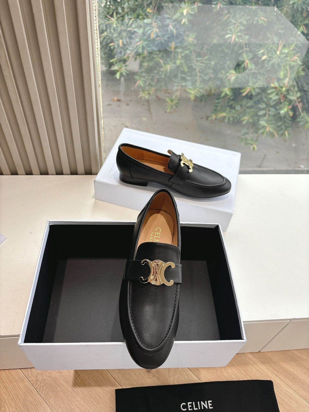 CELINE Buckle Triomphe Loafers Black Leather 285958